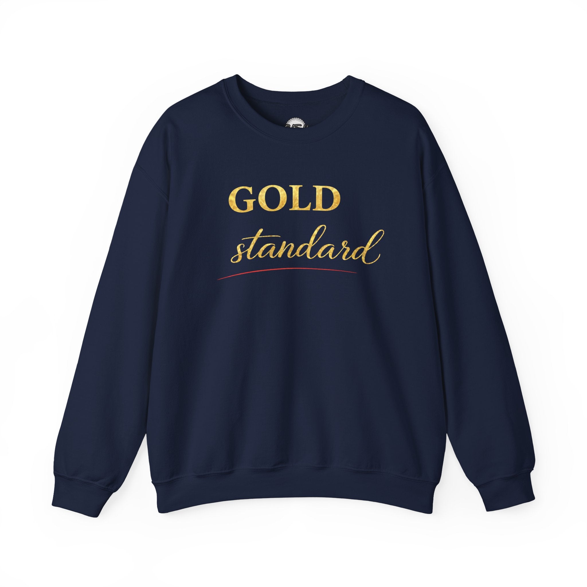 Gold Standard Crewneck Sweatshirt — White Cozy Pullover with Gold Script