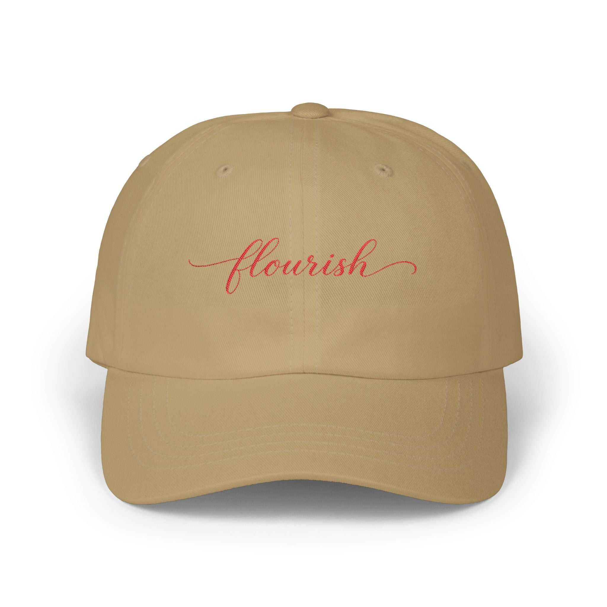Flourish Embroidered Dad Cap — White Script Baseball Hat