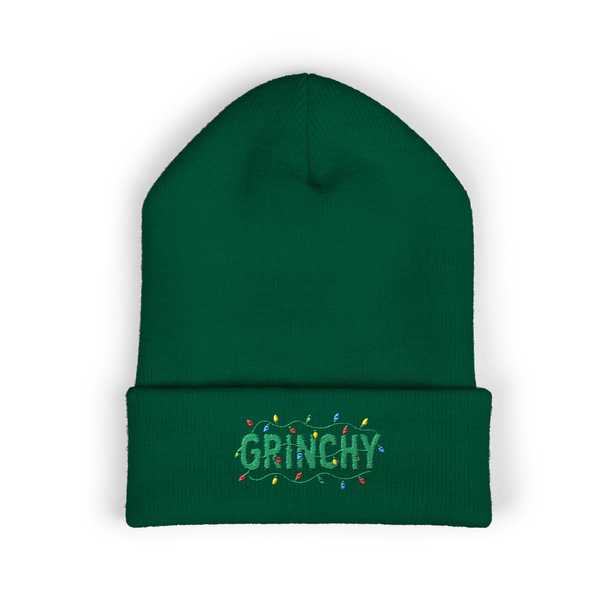 Grinchy Embroidered Cuffed Beanie — Holiday Christmas Knit Hat