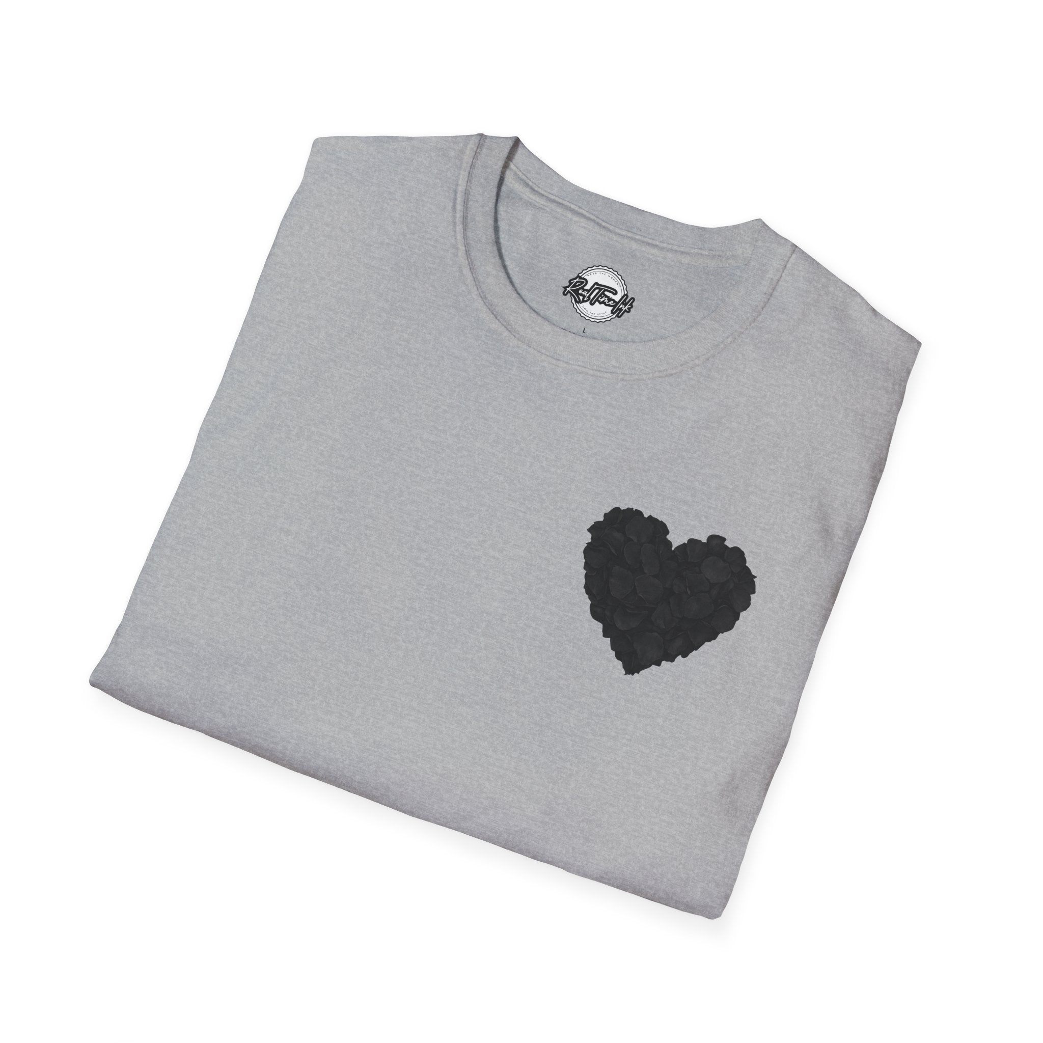 Black Rose Petal Heart T-Shirt — Minimal Floral Heart Tee for Valentine's & Everyday