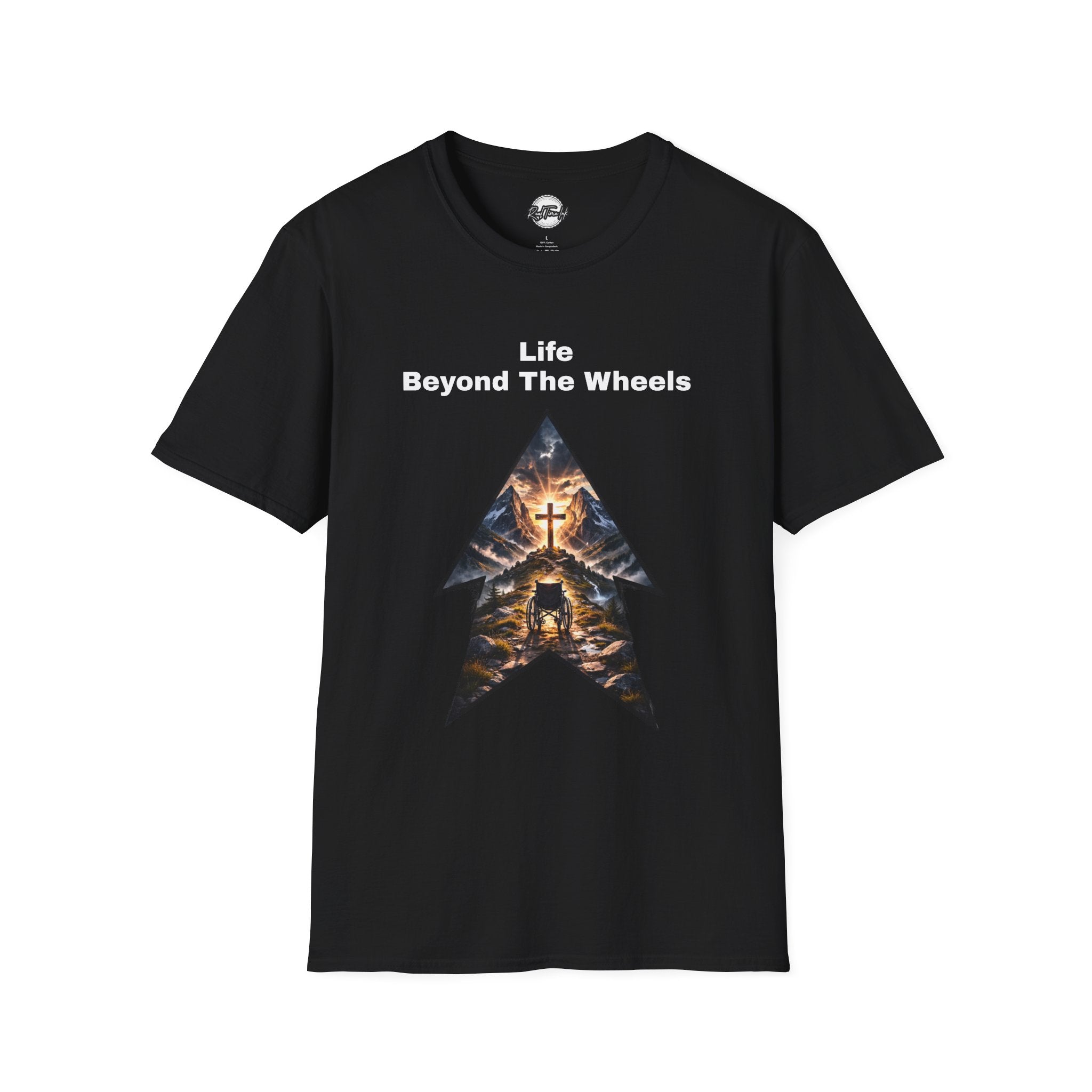 Life Beyond The Wheels – Christian Inspirational Faith T-Shirt | Mountain Cross Wheelchair Design