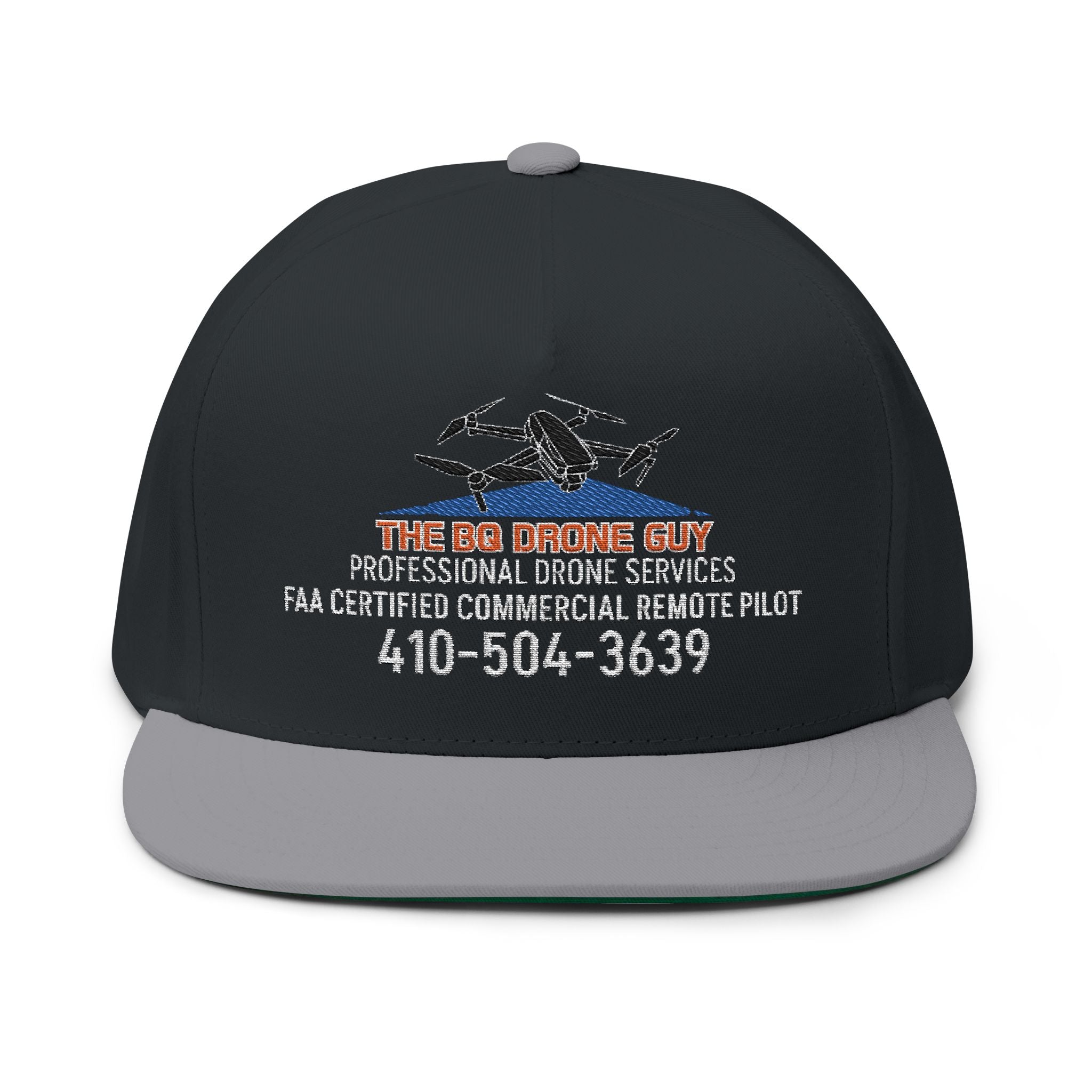 Drone Services Embroidered Flat Bill Cap — The BC Drone Guy Logo & Phone