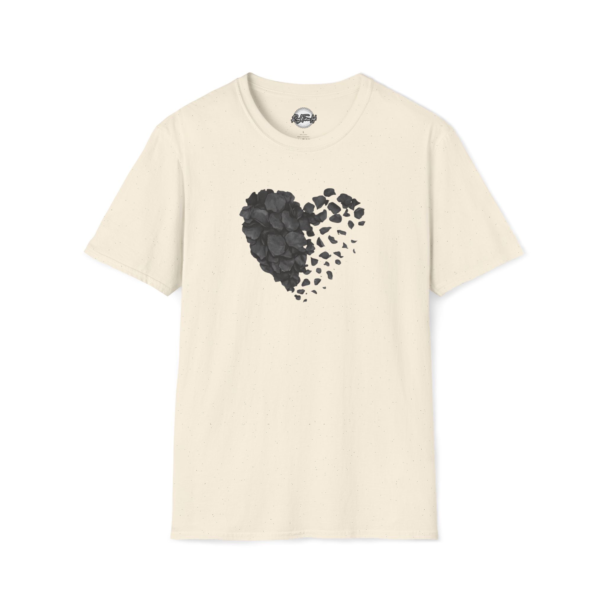 Black Heart Petals Tee — Monochrome Broken Heart Floral T-Shirt