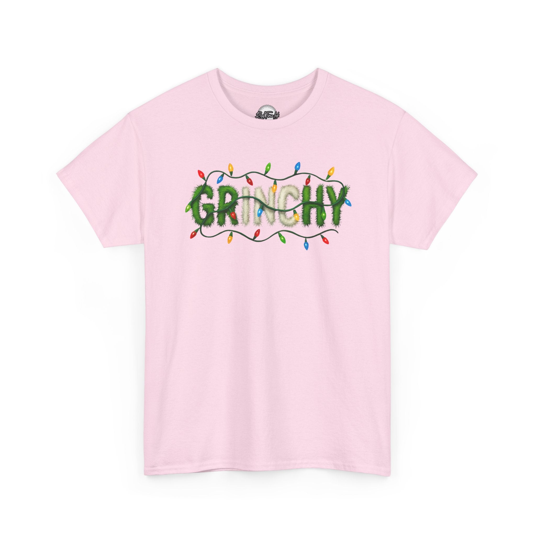 Grinchy Christmas Tee — 'Grinchy' Text with Holiday Lights