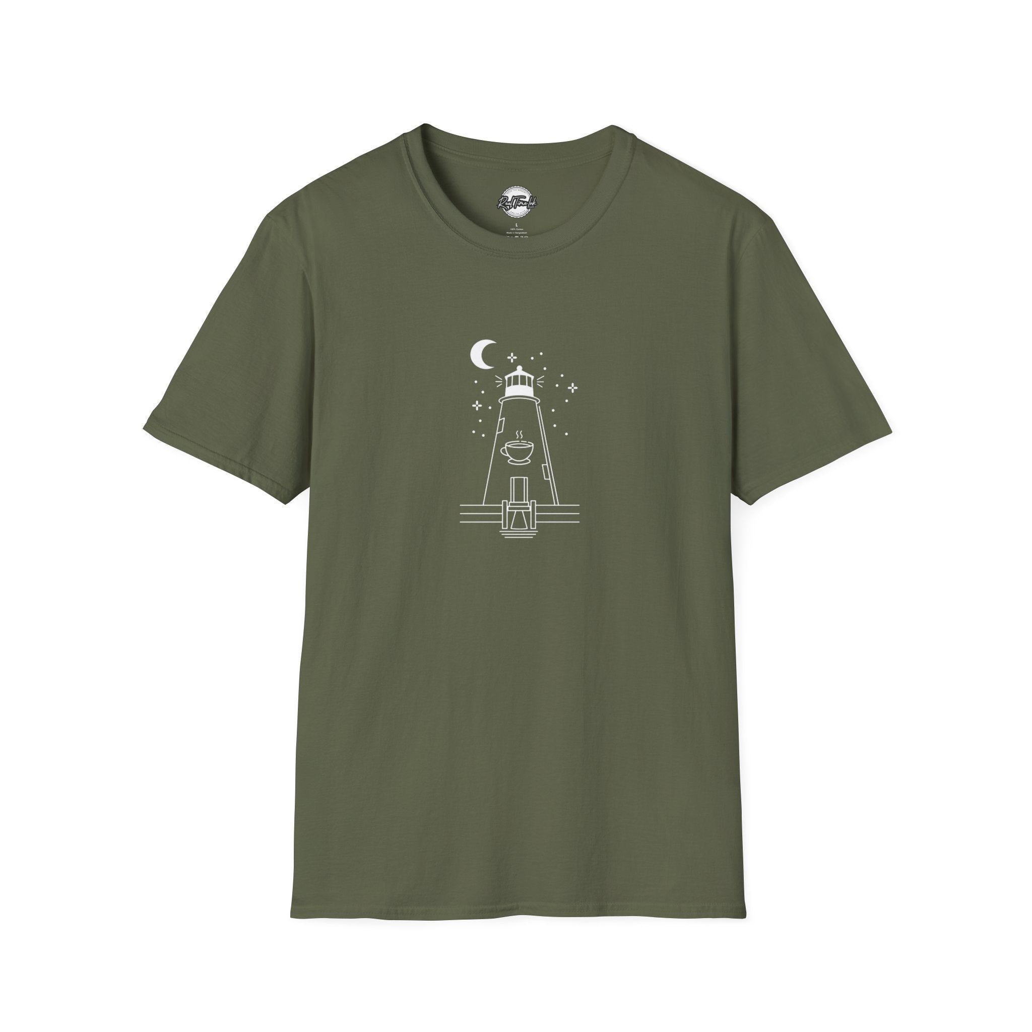 Concord Point Coffee T-Shirt — Minimalist Lighthouse Night Scene Graphic Tee