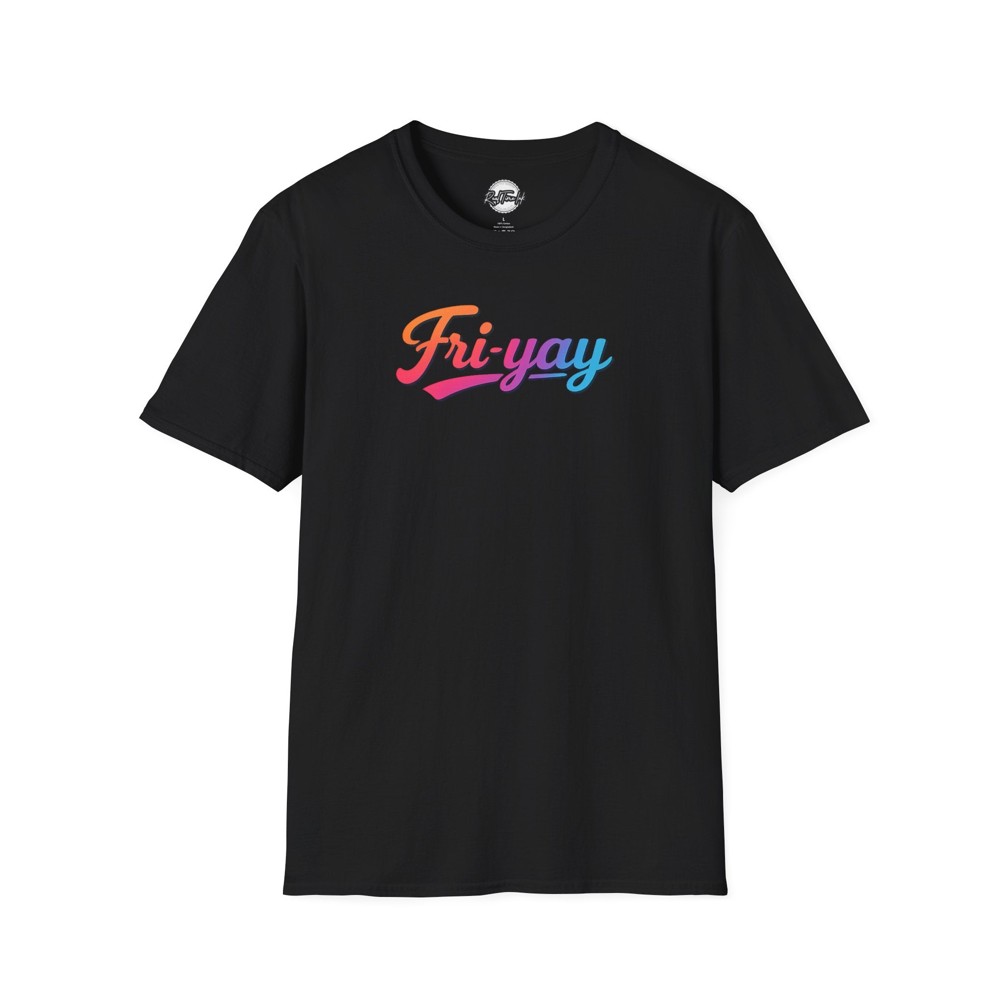 Fri-yay Graphic T-Shirt — Retro Rainbow Weekend Tee Collage
