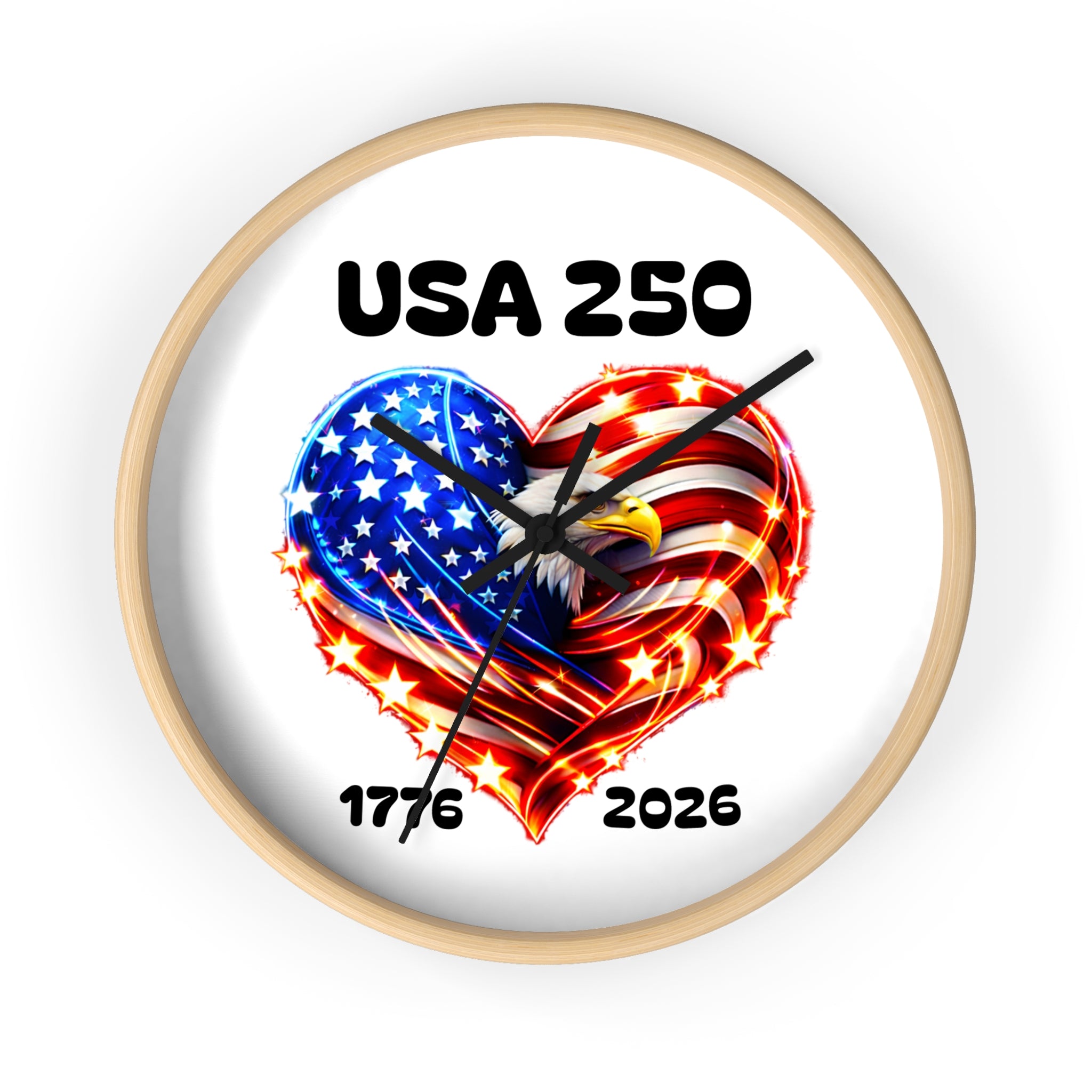 USA 250 Patriotic Wall Clock — 1776–2026 American Flag Heart with Bald Eagle