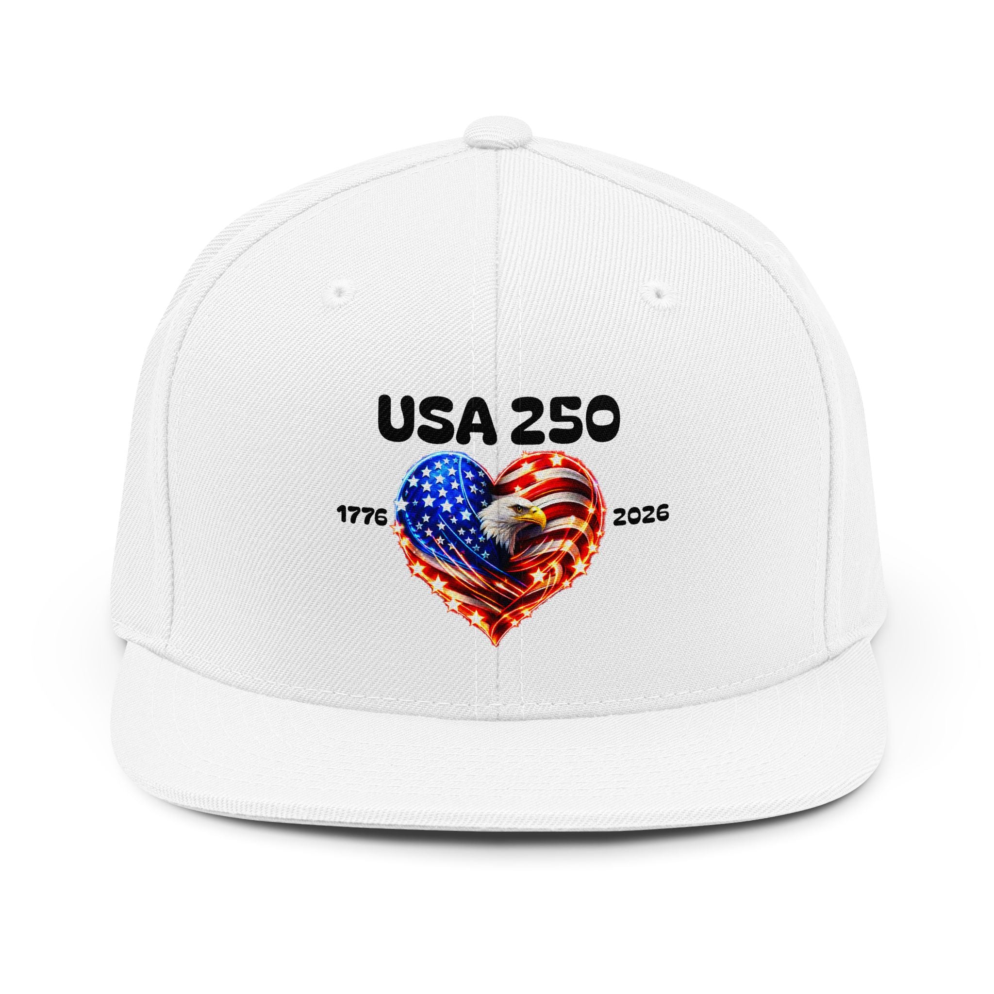 USA 250 Snapback Hat — Patriotic American Flag Heart 1776–2026 Baseball Cap