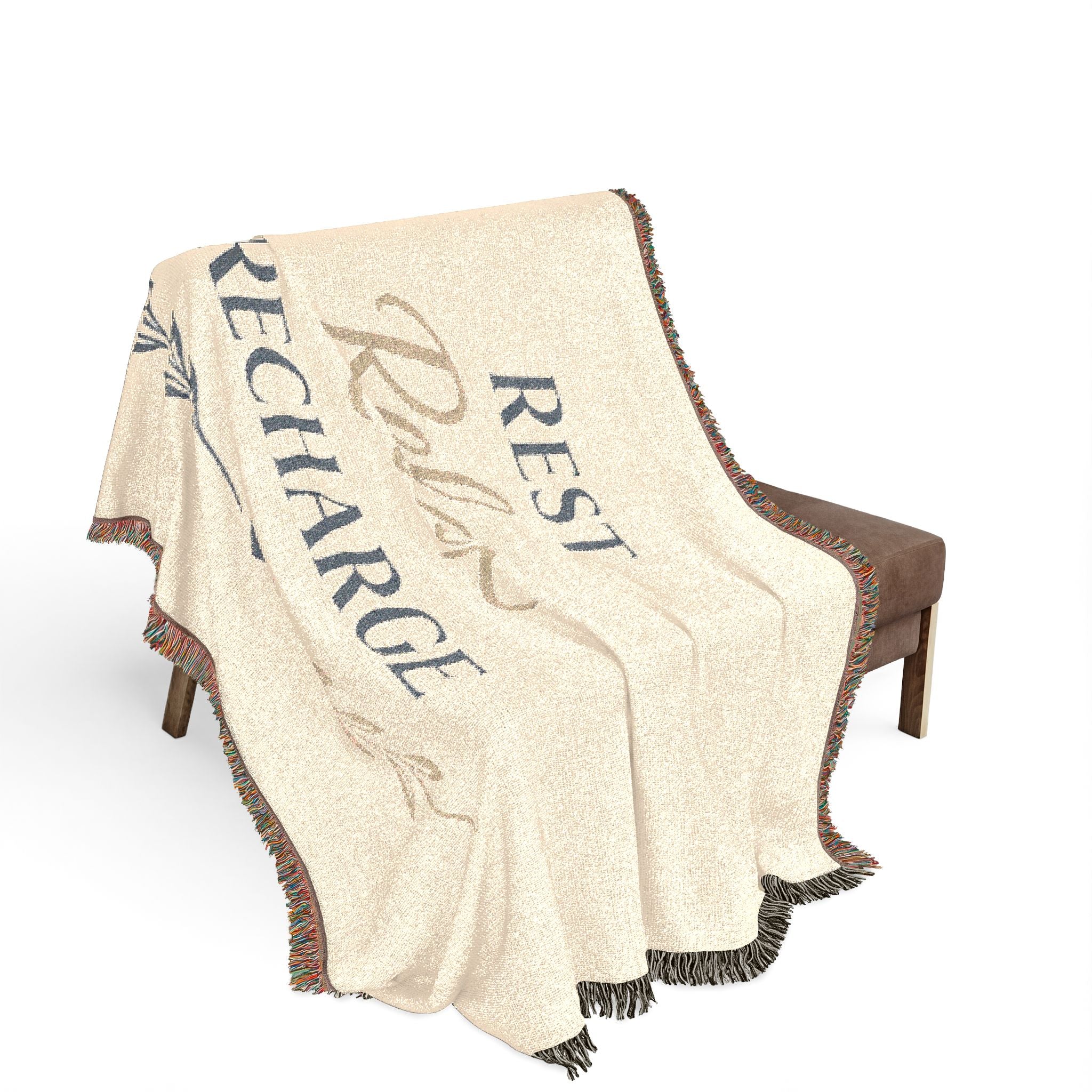 Rest Relax Recharge Woven Blanket — Cozy Inspirational Throw for Bedroom & Living Room