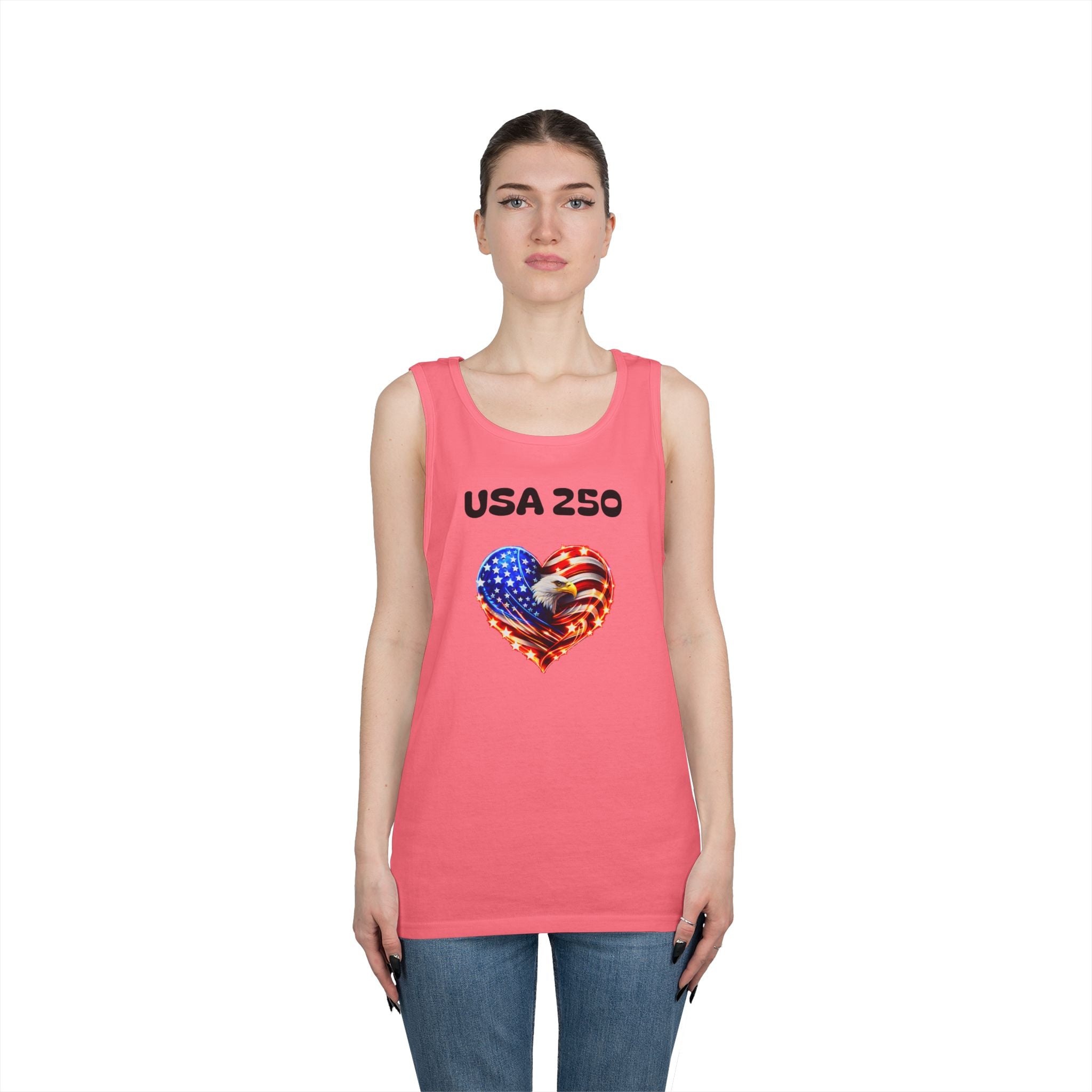 USA 250 Heart Tank Top — Patriotic American Flag Sleeveless Shirt