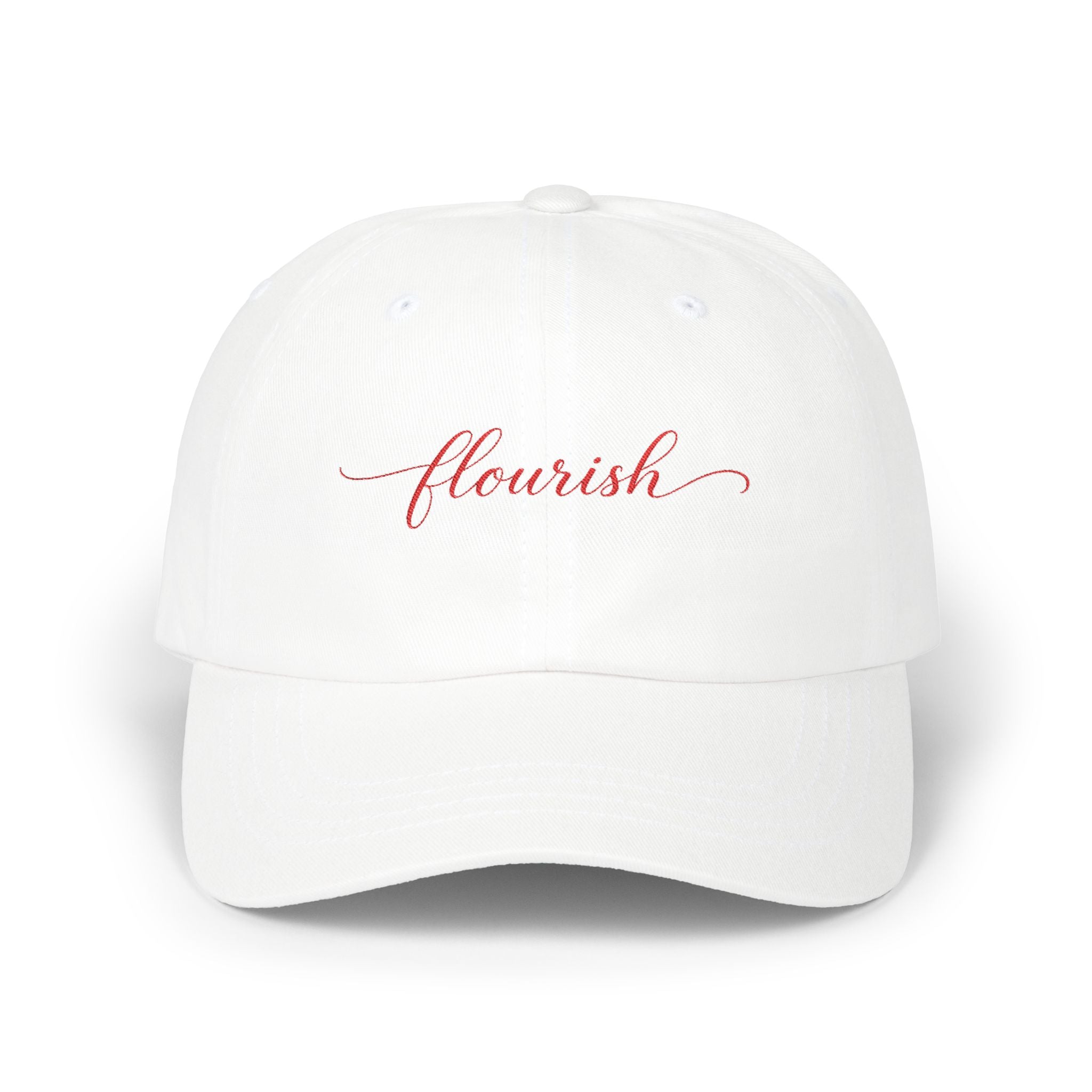 Flourish Embroidered Dad Cap — White Script Baseball Hat