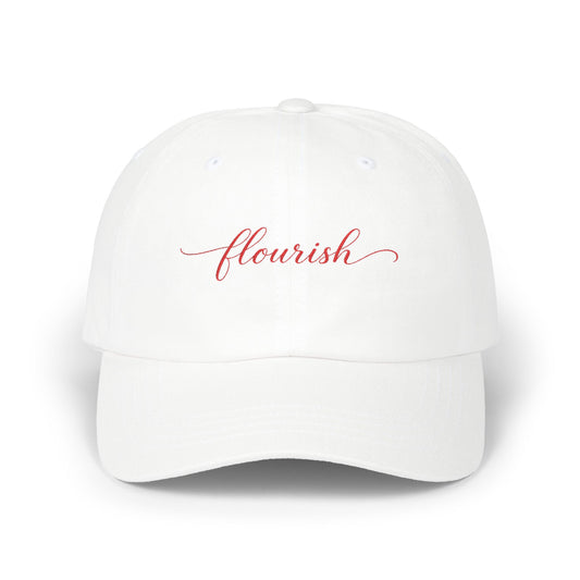 Flourish Embroidered Dad Cap — White Script Baseball Hat