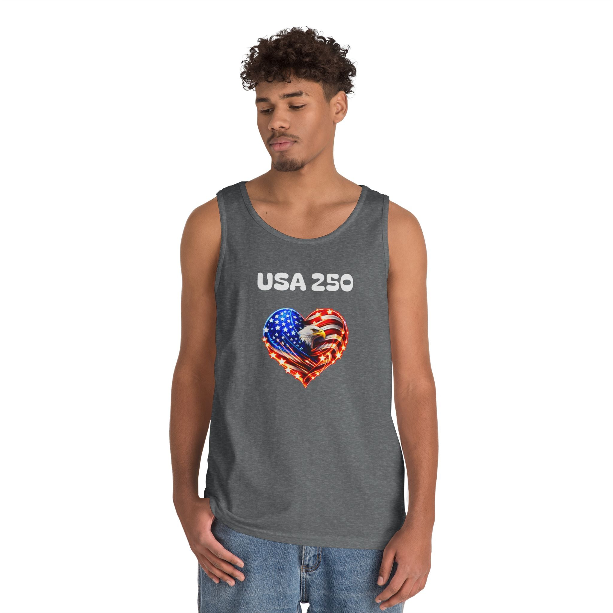 USA 250 Heart Tank Top — Patriotic American Flag Sleeveless Shirt