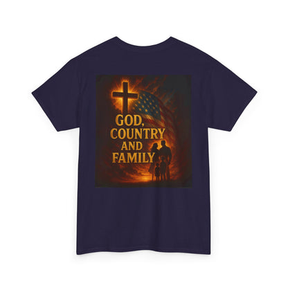 Patriotic Unisex Heavy Cotton Tee - God Country Family, Independence Day Shirt, Veteran Gift, Family Gathering Tee, Fourth of July Clothing