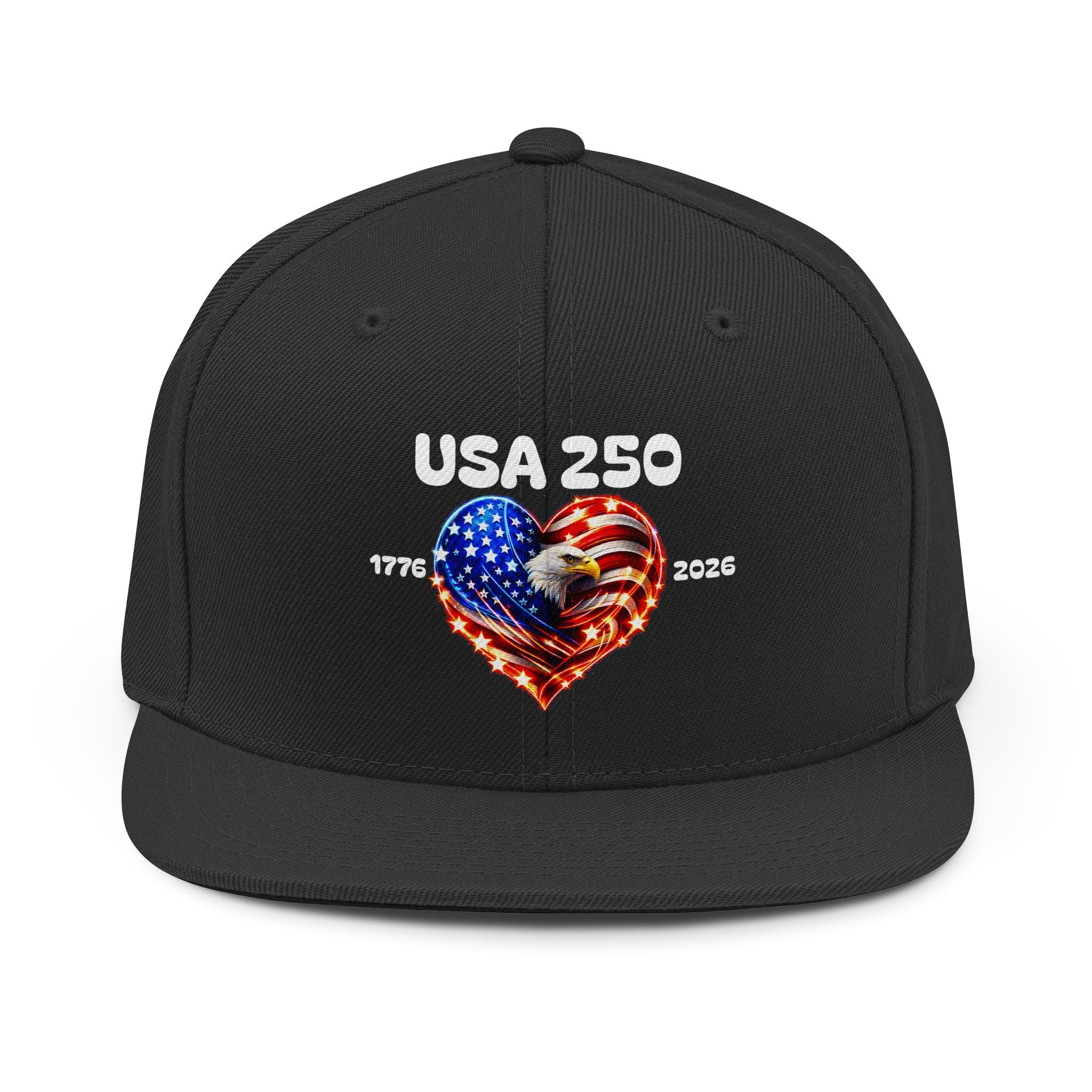 USA 250 Snapback Hat — Patriotic American Flag Heart 1776–2026 Baseball Cap