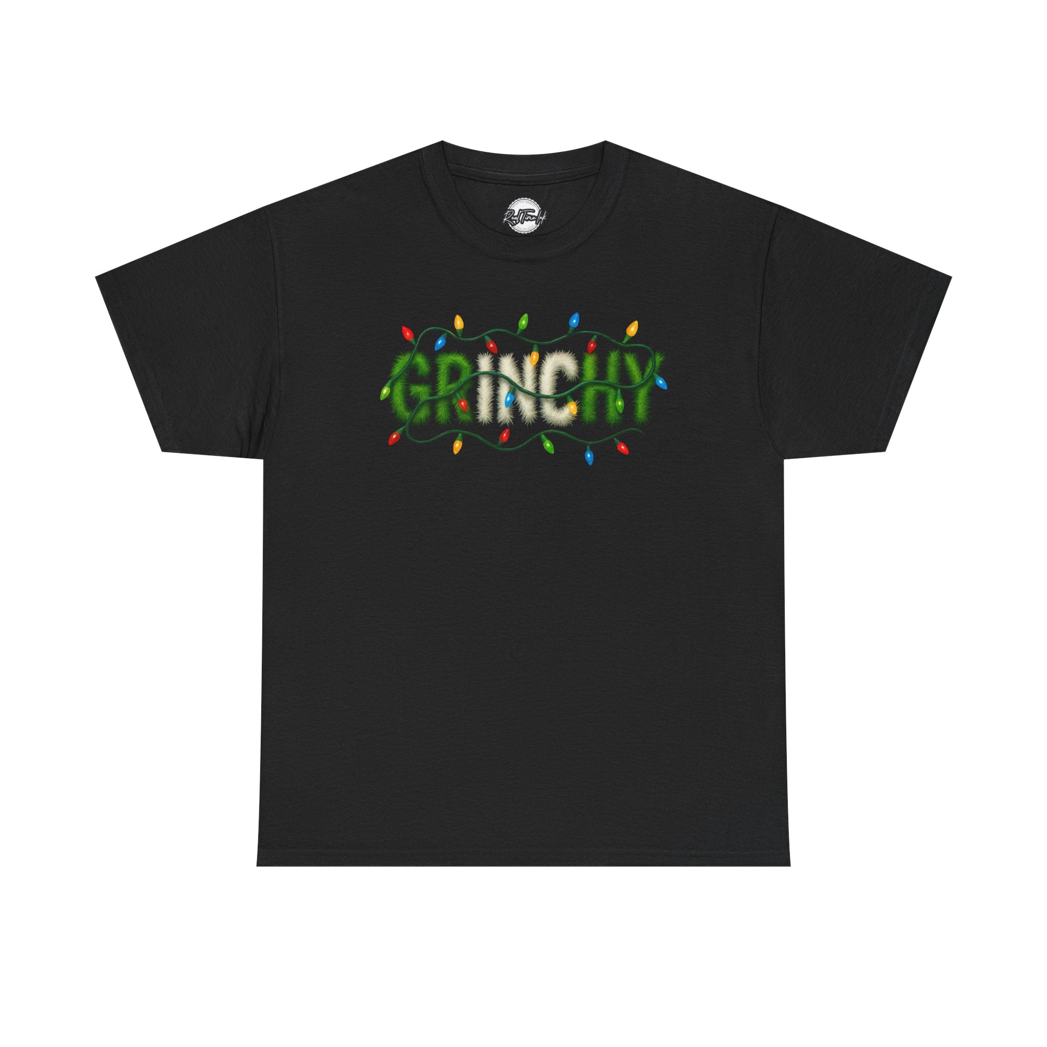 Grinchy Christmas Tee — 'Grinchy' Text with Holiday Lights