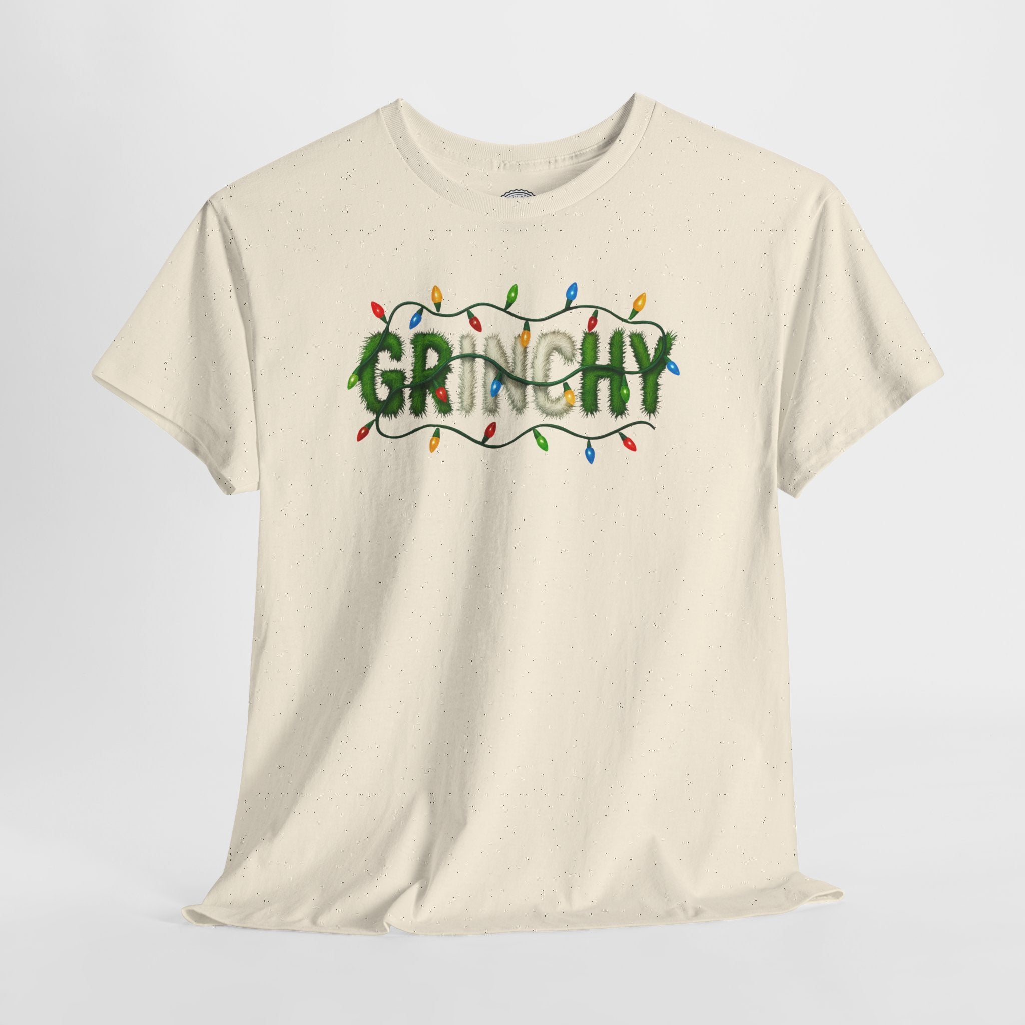 Grinchy Christmas Tee — 'Grinchy' Text with Holiday Lights