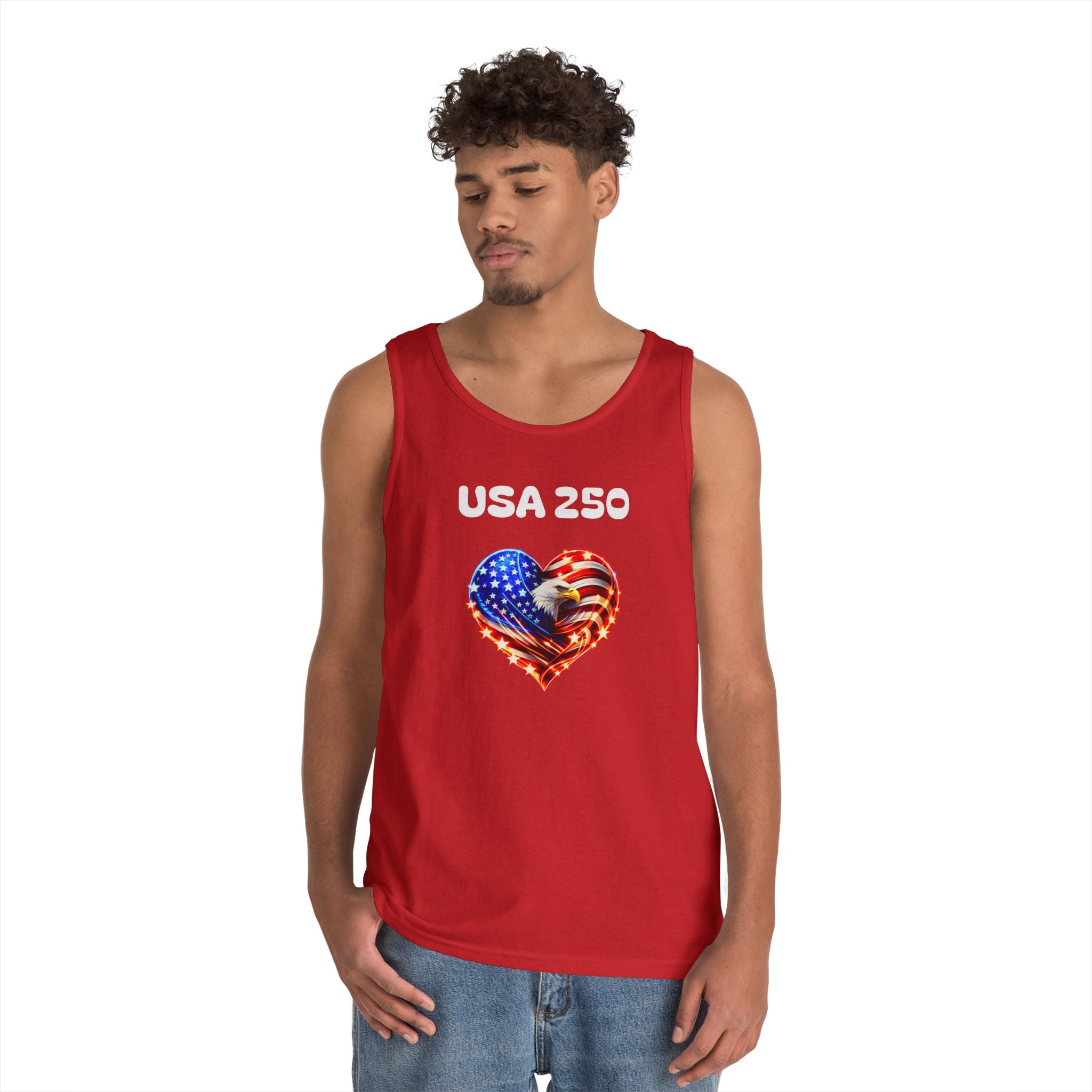 USA 250 Heart Tank Top — Patriotic American Flag Sleeveless Shirt