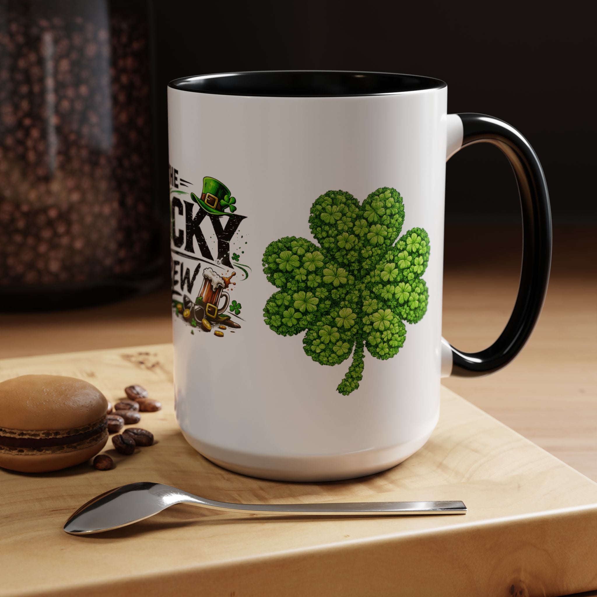 St. Patrick's 'The Lucky Crew' Accent Coffee Mug – Clover & Beer Shamrock Design (11/15 oz)