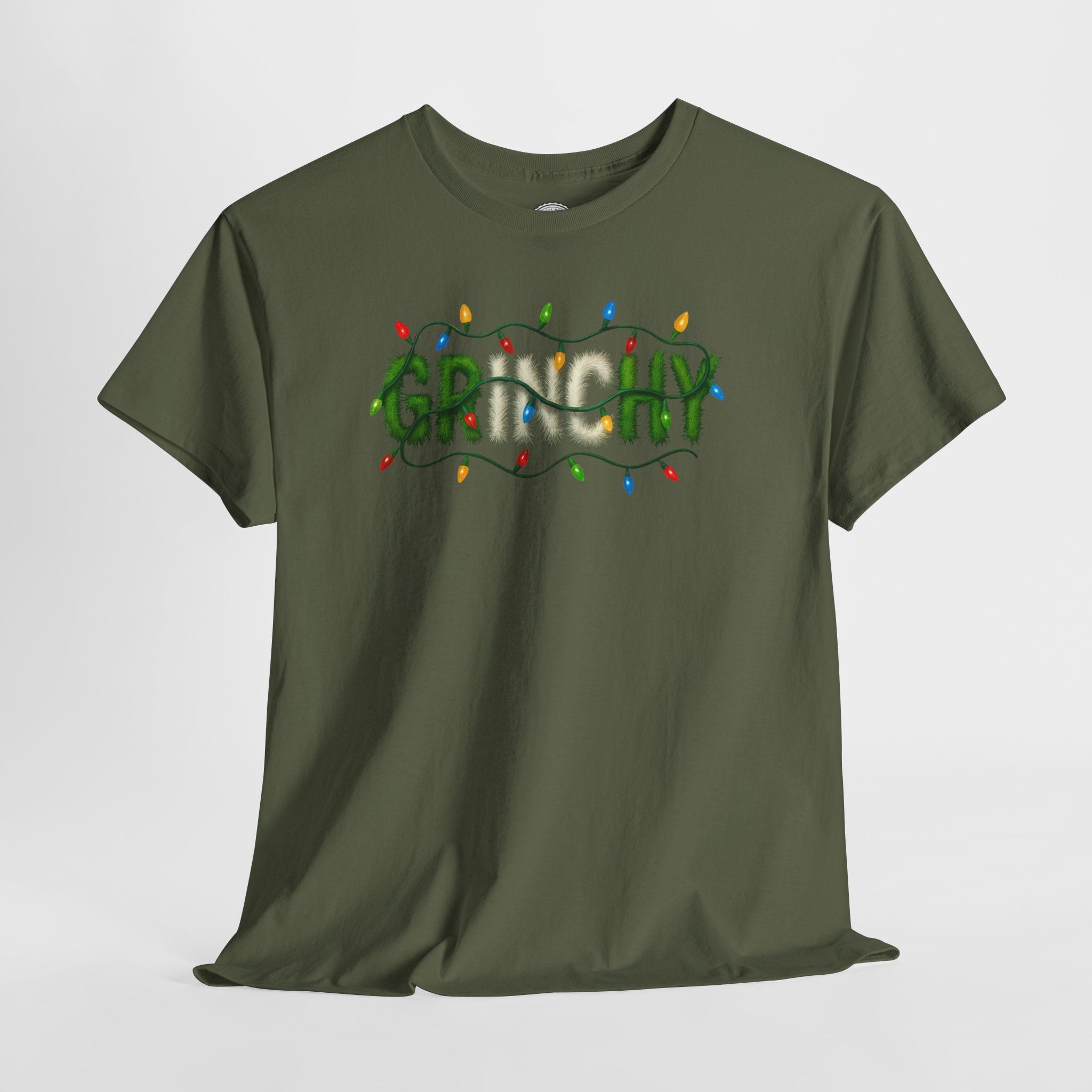 Grinchy Christmas Tee — 'Grinchy' Text with Holiday Lights