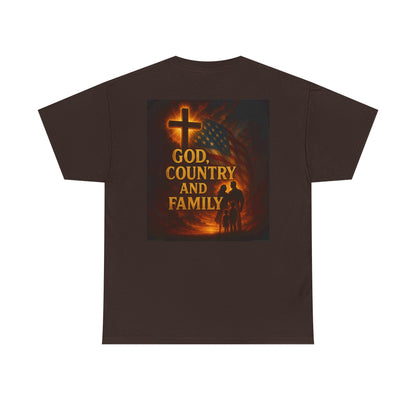 Patriotic Unisex Heavy Cotton Tee - God Country Family, Independence Day Shirt, Veteran Gift, Family Gathering Tee, Fourth of July Clothing
