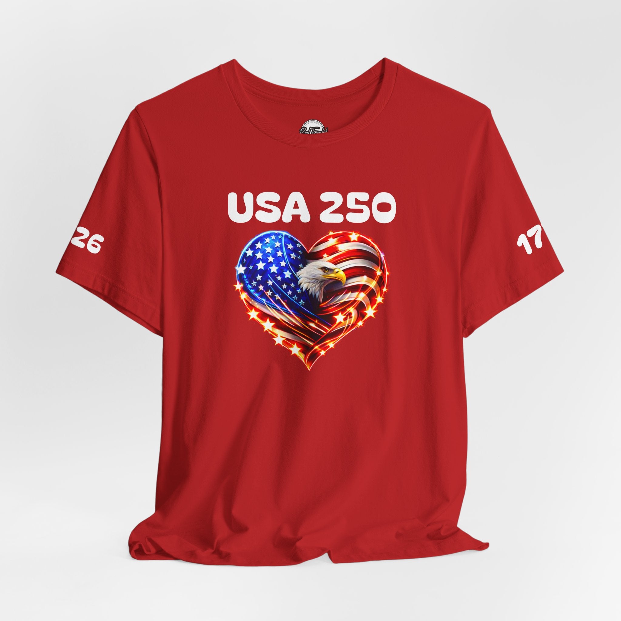 USA 250 Heart Flag T-Shirt — Patriotic Bald Eagle Tee for Independence Day