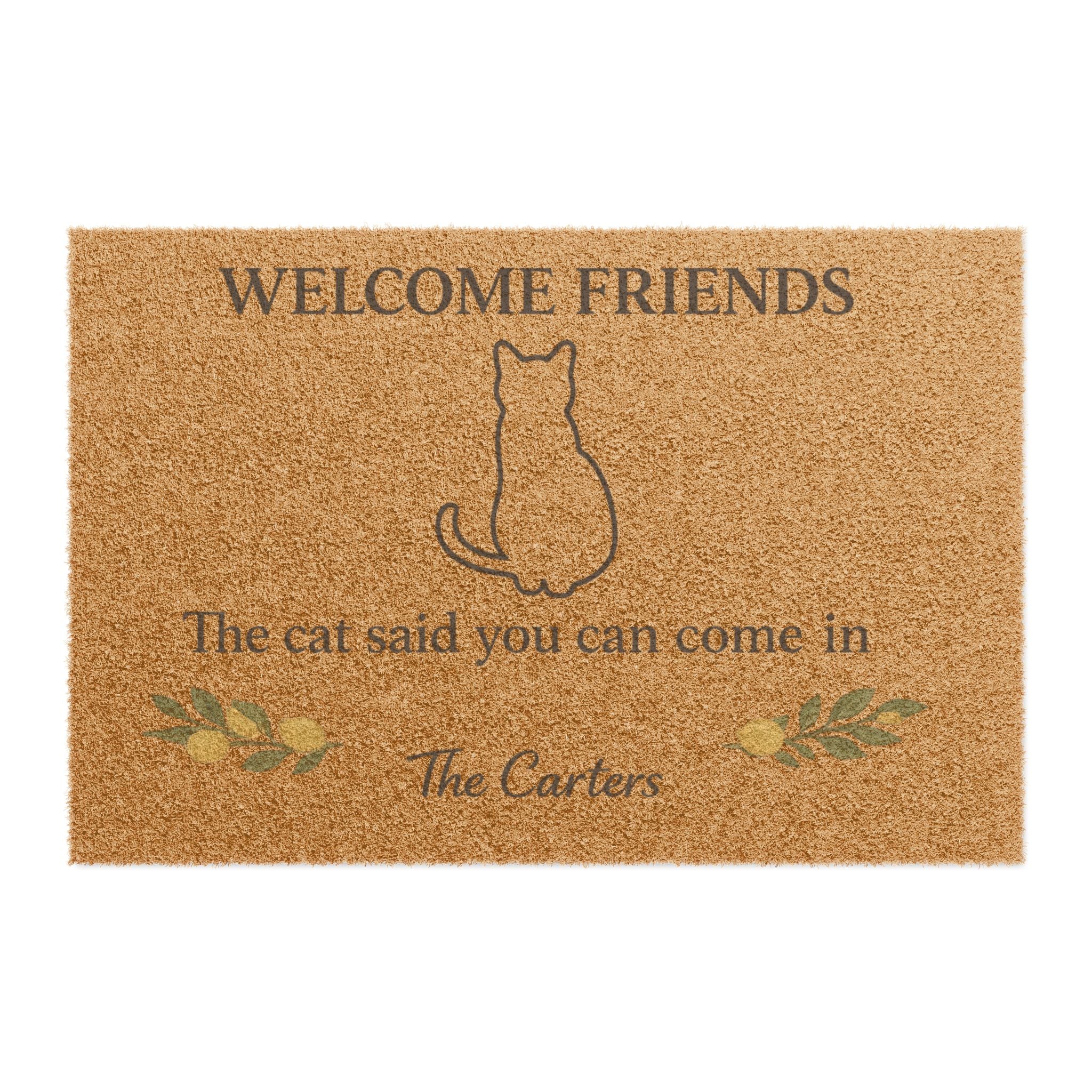 Welcome Friends Cat Doormat — Personalized Rustic Welcome Mat with Cat Silhouette
