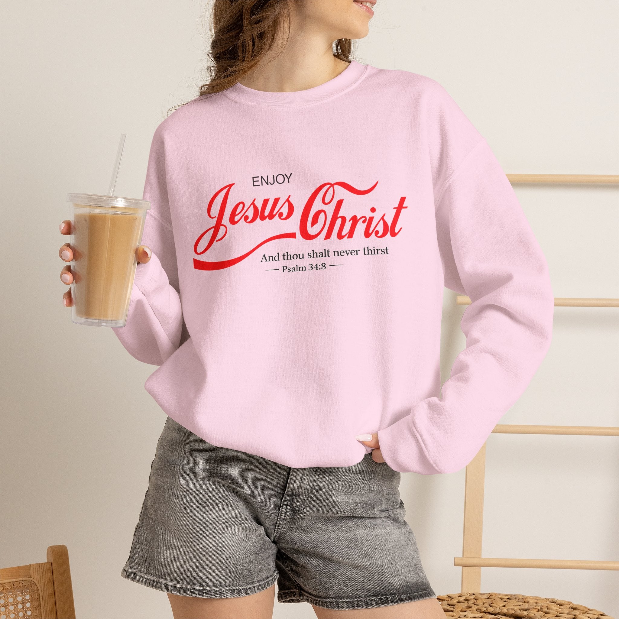 Enjoy Jesus Christ Crewneck Sweatshirt — Inspirational Christian Faith Sweatshirt (Psalm 34:8)