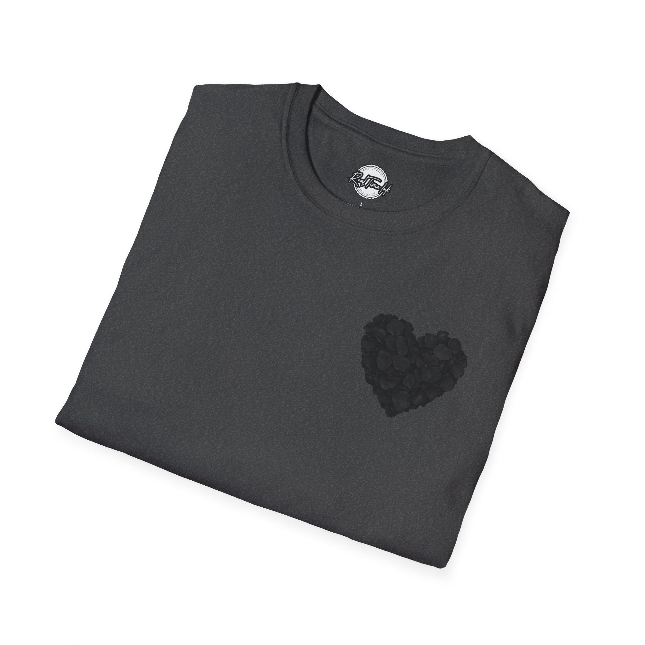 Black Rose Petal Heart T-Shirt — Minimal Floral Heart Tee for Valentine's & Everyday