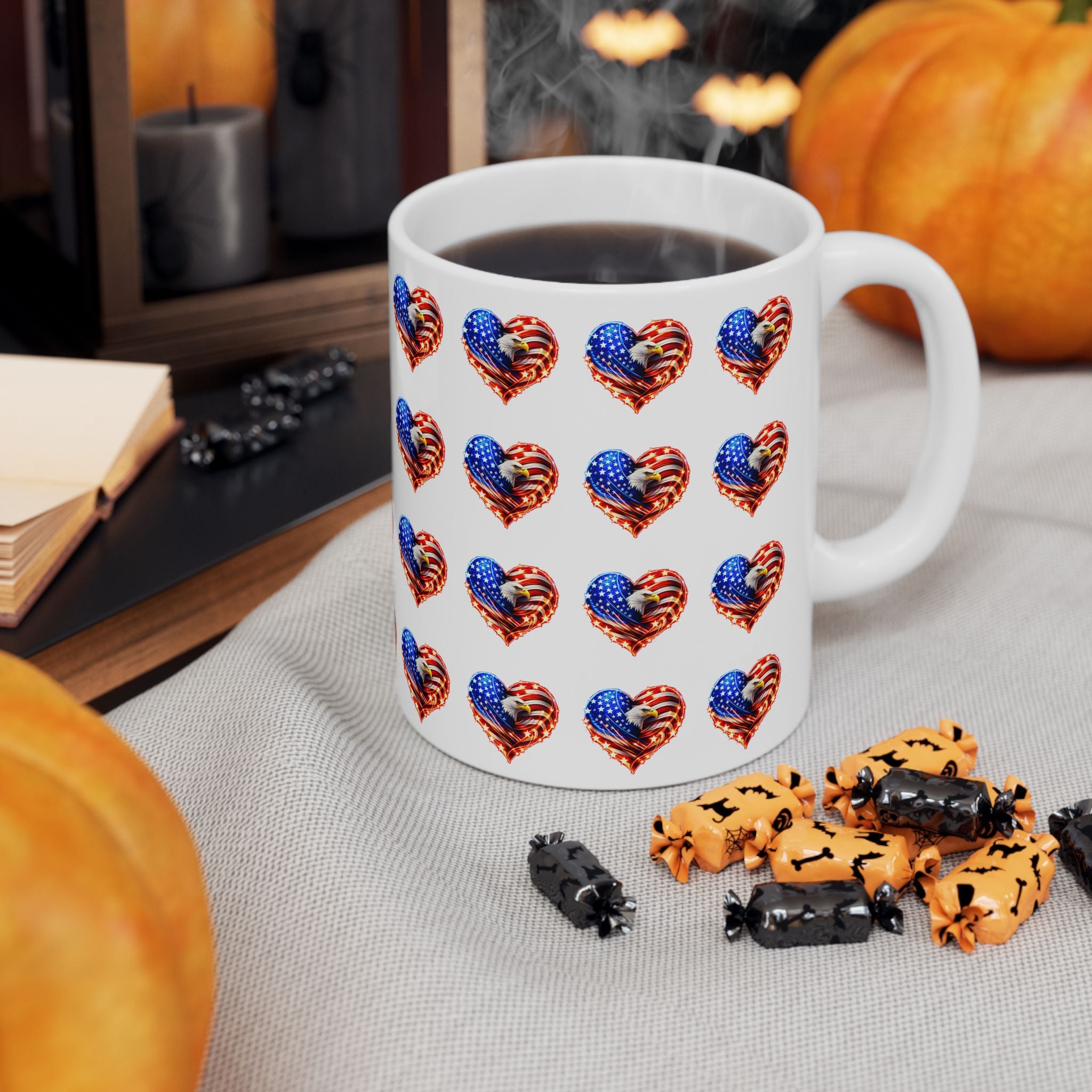 American Flag Heart Ceramic Mug — Patriotic 11oz/15oz Coffee Cup