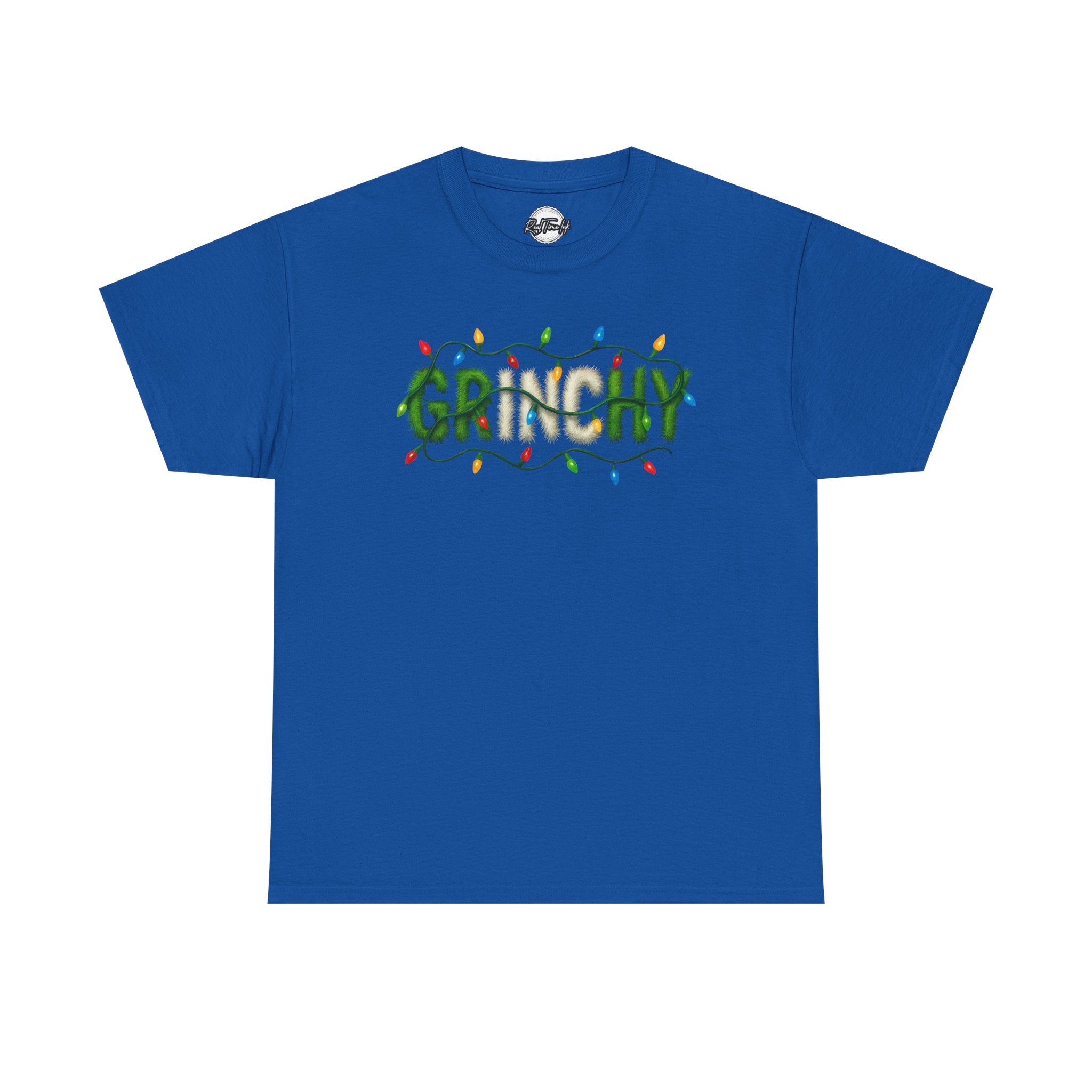 Grinchy Christmas Tee — 'Grinchy' Text with Holiday Lights