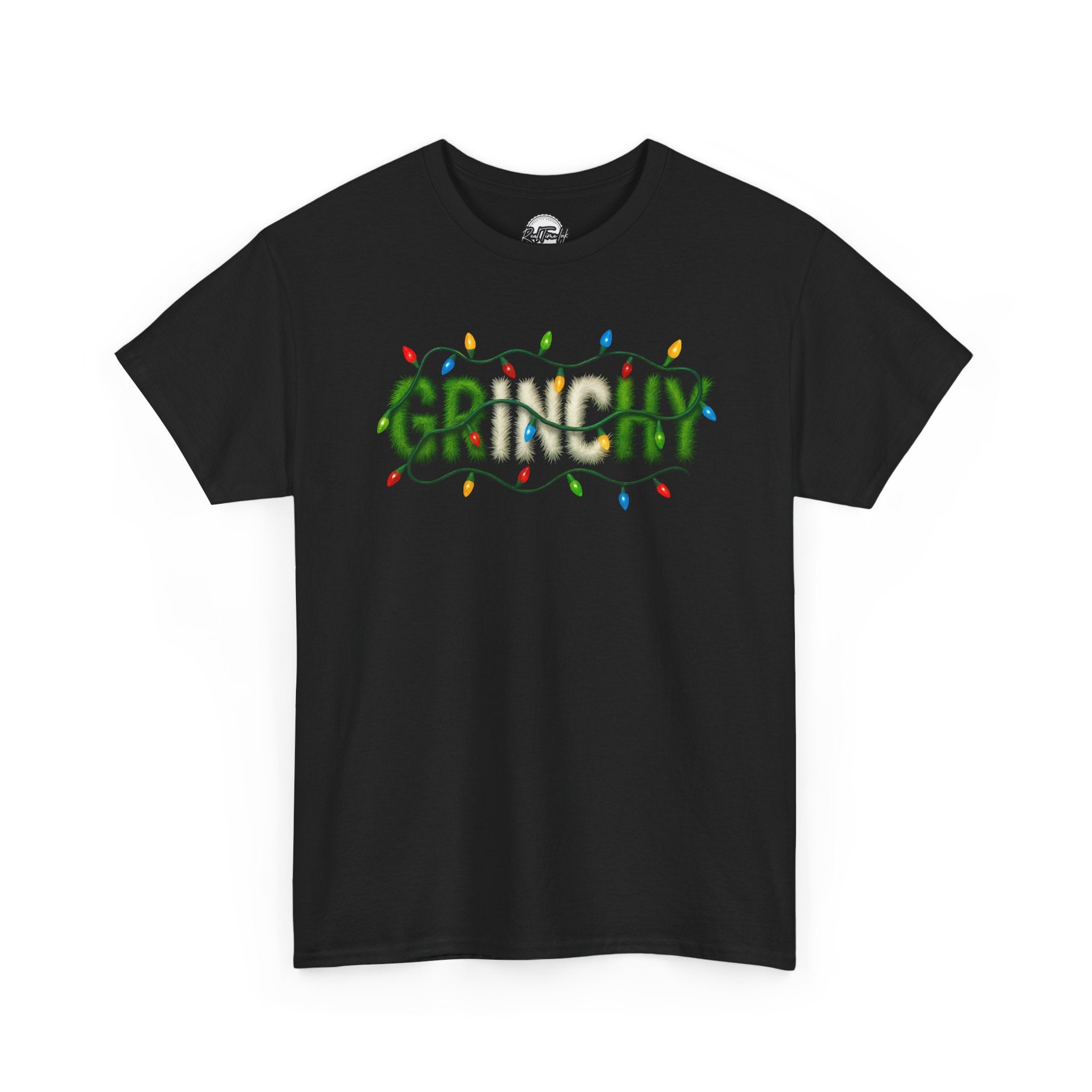 Grinchy Christmas Tee — 'Grinchy' Text with Holiday Lights