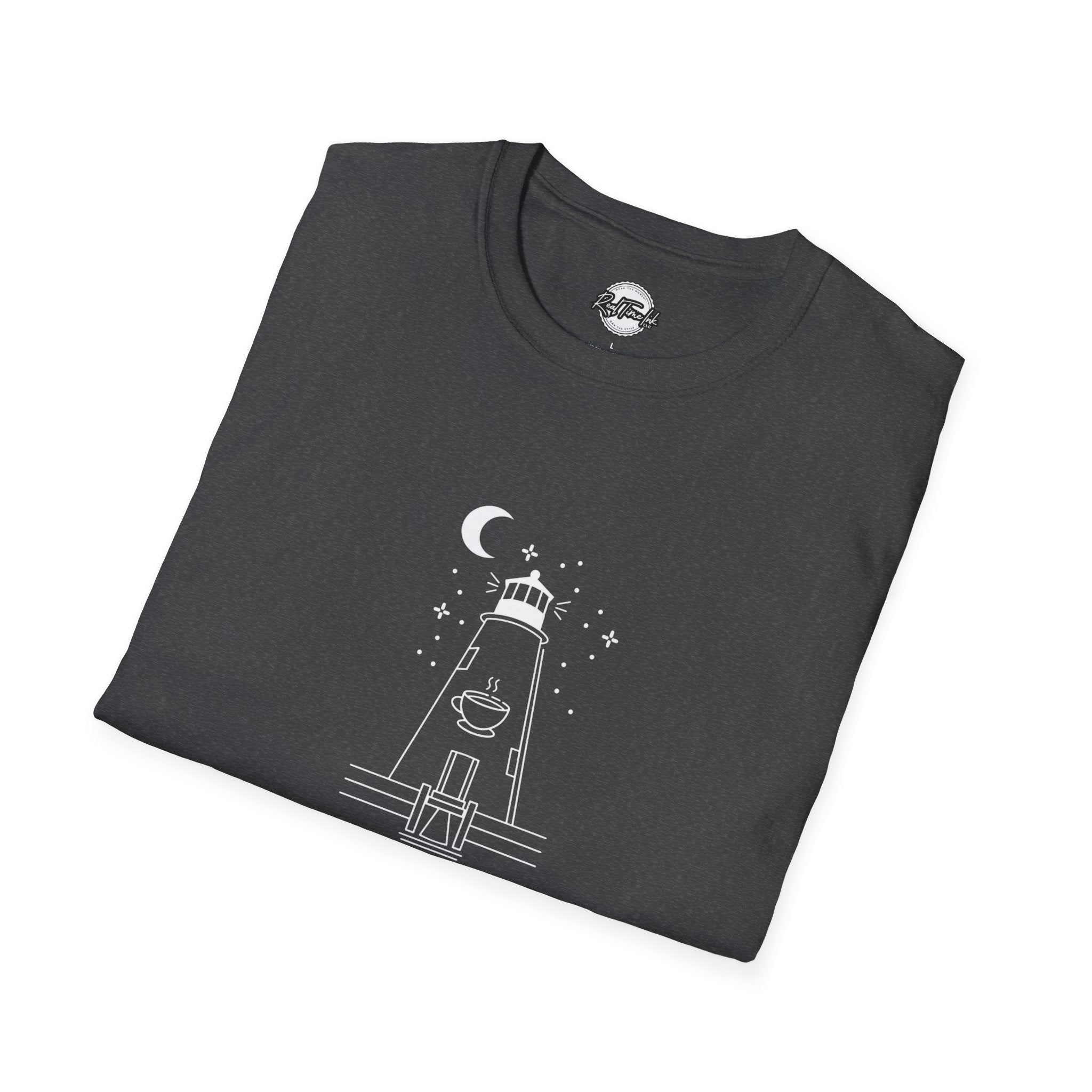 Concord Point Coffee T-Shirt — Minimalist Lighthouse Night Scene Graphic Tee