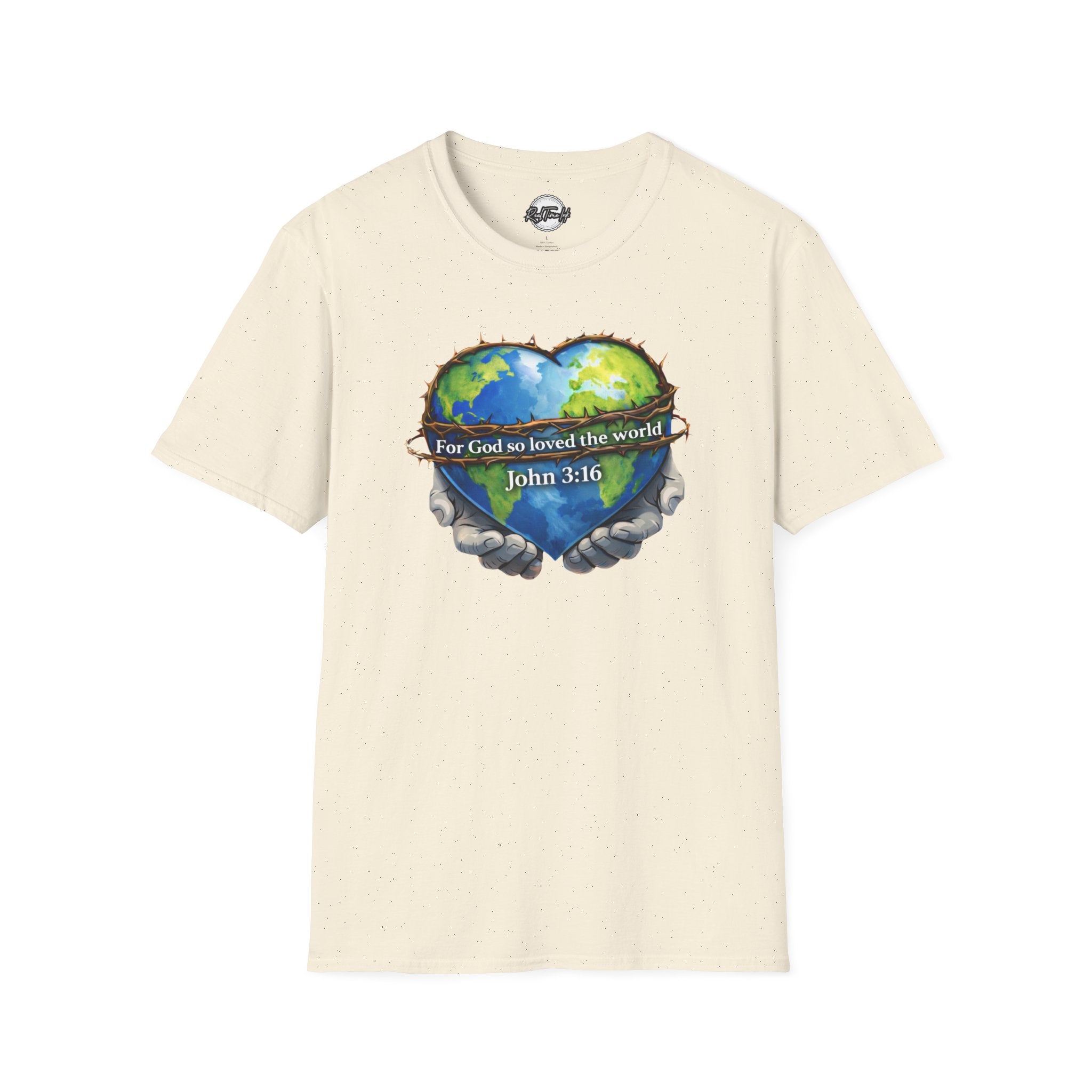 John 3:16 Heart Globe Christian T-Shirt — "For God so loved the world" Faith Tee