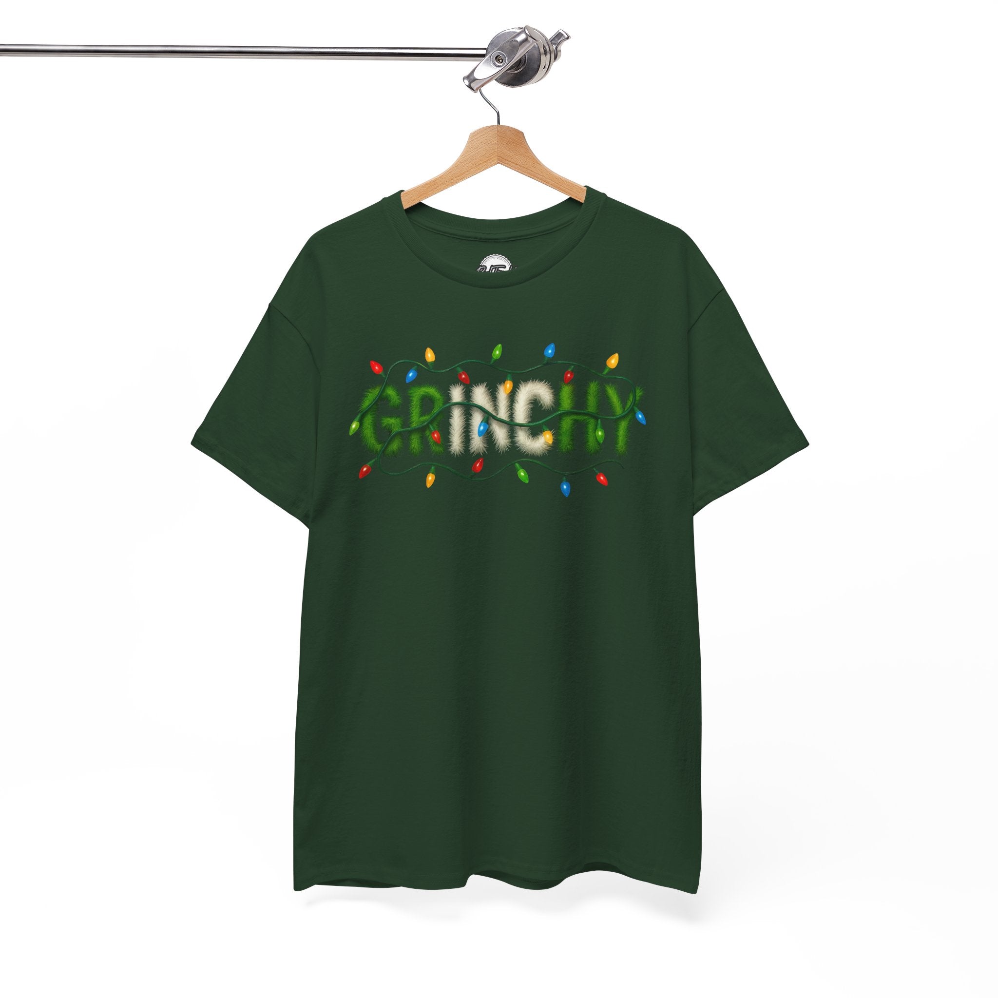 Grinchy Christmas Tee — 'Grinchy' Text with Holiday Lights