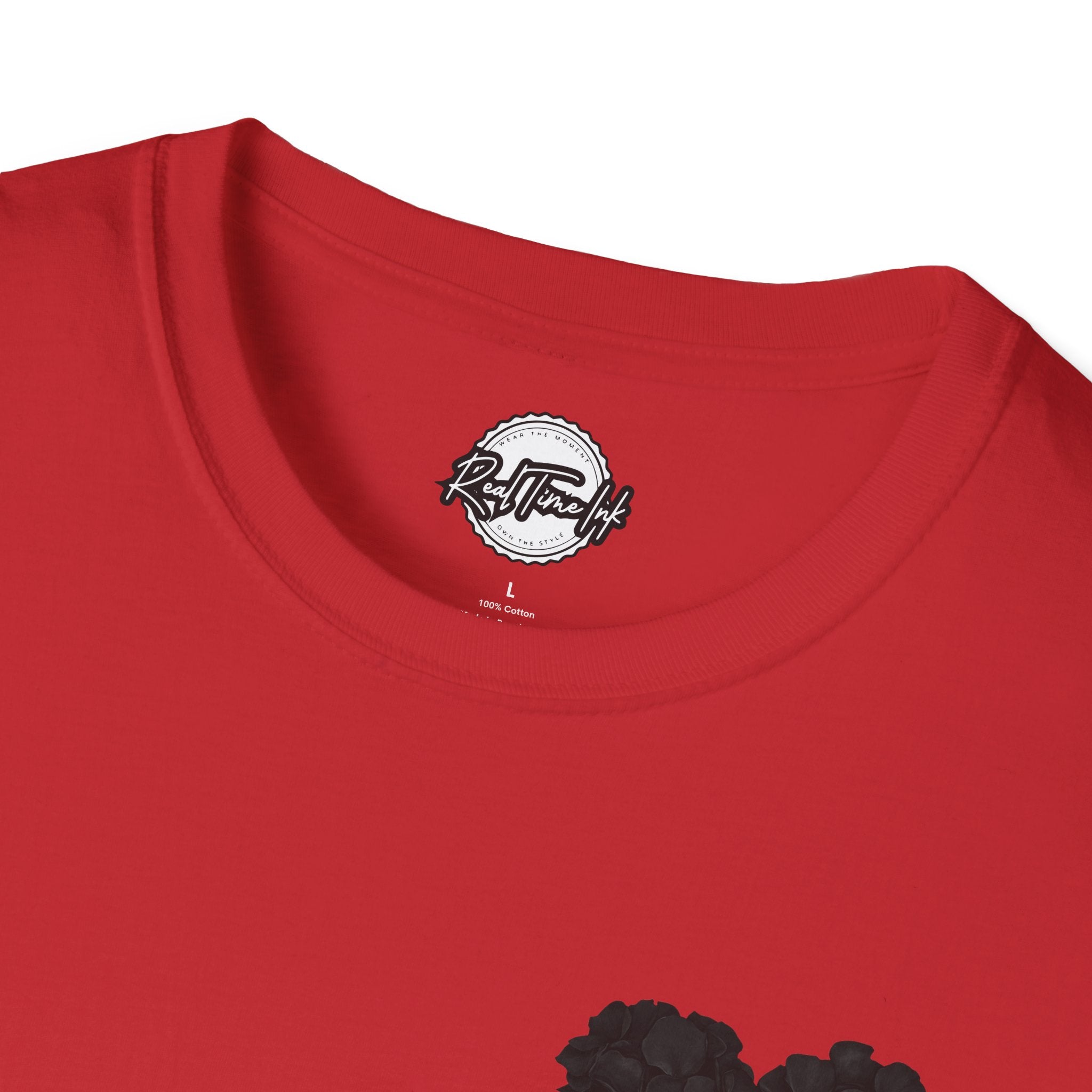 Black Rose Petal Heart T-Shirt — Minimal Floral Heart Tee for Valentine's & Everyday