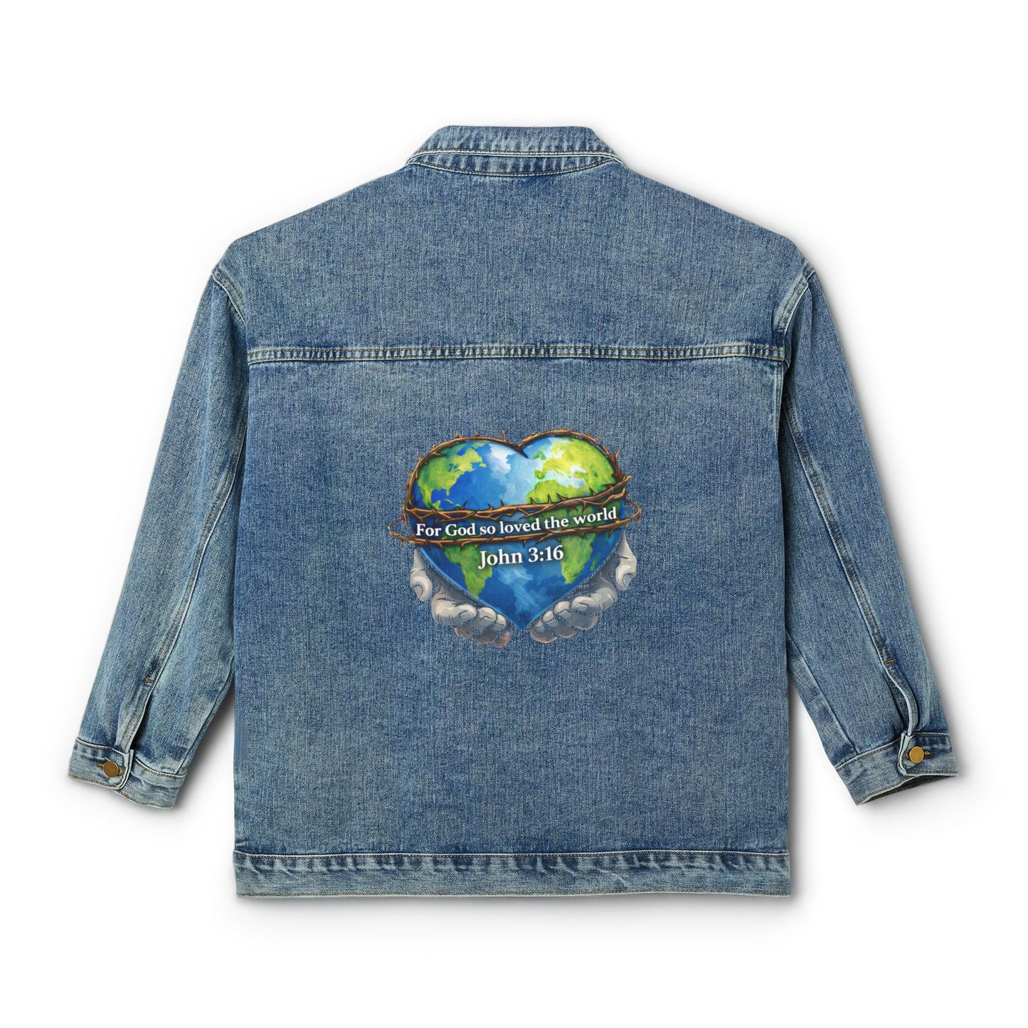 "For God so loved the world" Denim Jacket Heart Back Graphic