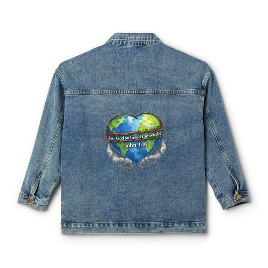 "For God so loved the world" Denim Jacket Heart Back Graphic