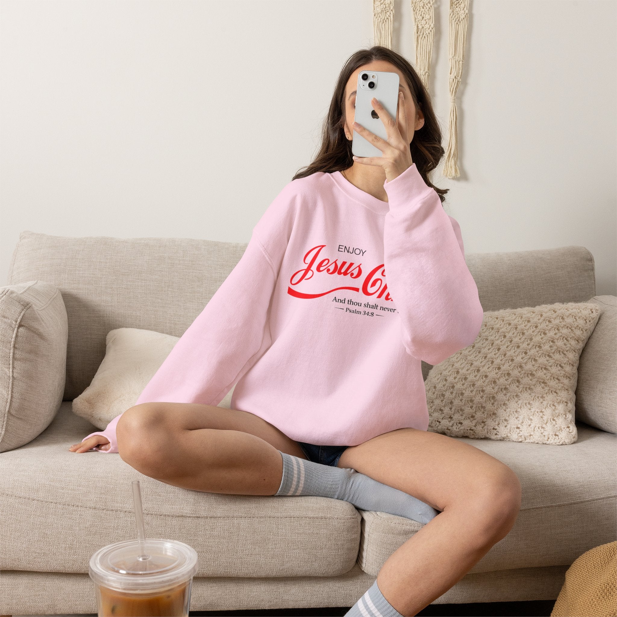 Enjoy Jesus Christ Crewneck Sweatshirt — Inspirational Christian Faith Sweatshirt (Psalm 34:8)