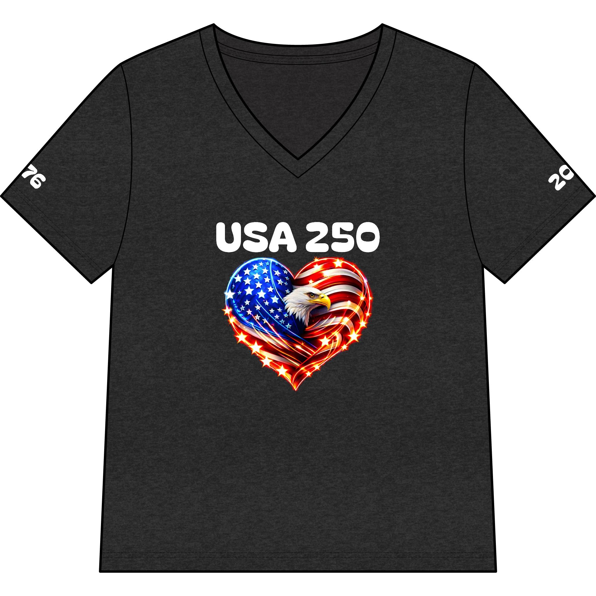 USA 250 Heart Eagle V-Neck Tee — Patriotic Women’s 250th Anniversary Shirt