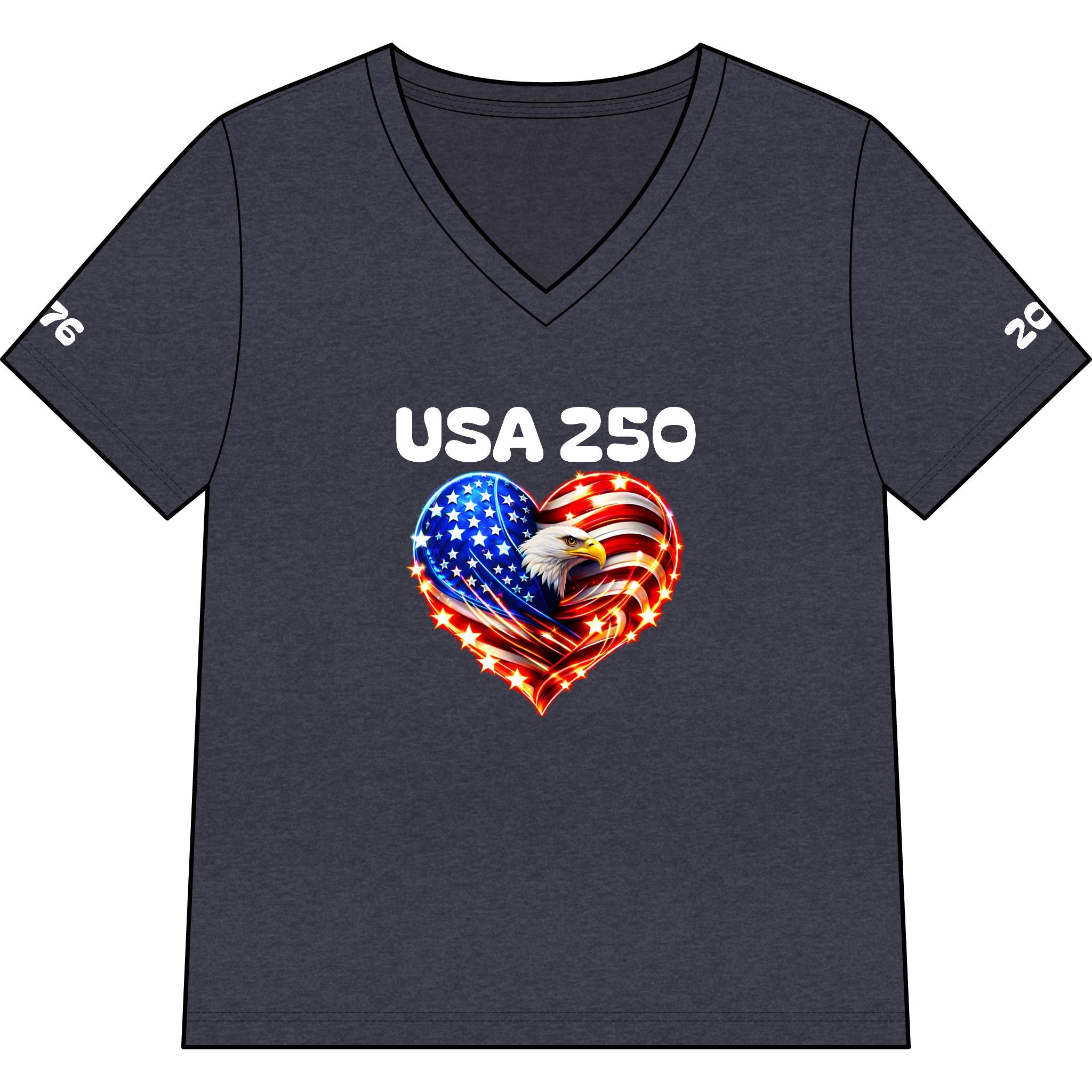 USA 250 Heart Eagle V-Neck Tee — Patriotic Women’s 250th Anniversary Shirt