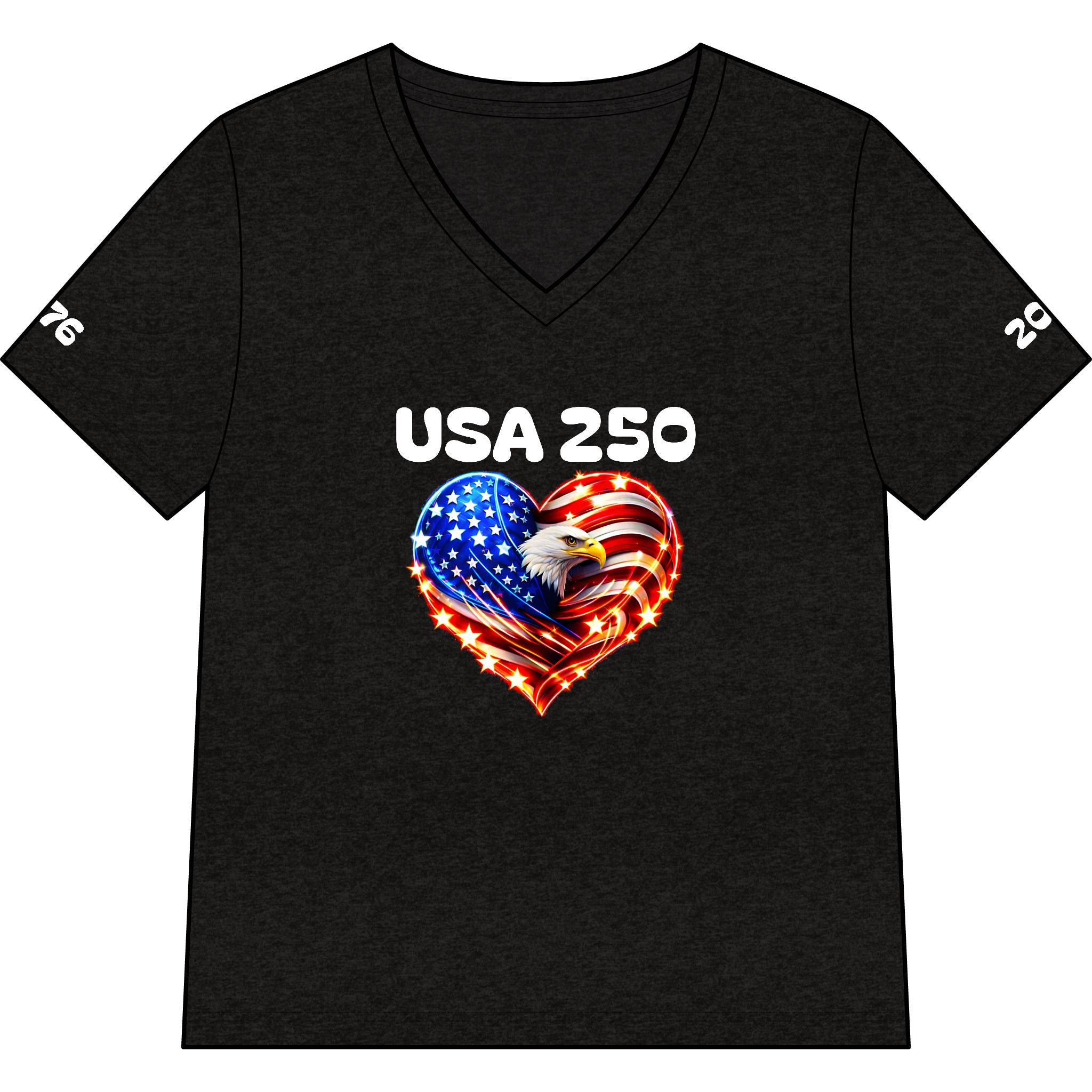USA 250 Heart Eagle V-Neck Tee — Patriotic Women’s 250th Anniversary Shirt