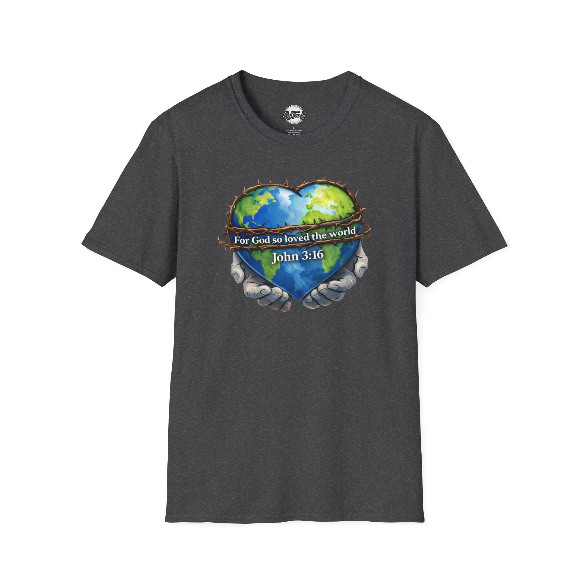 John 3:16 Heart Globe Christian T-Shirt — "For God so loved the world" Faith Tee