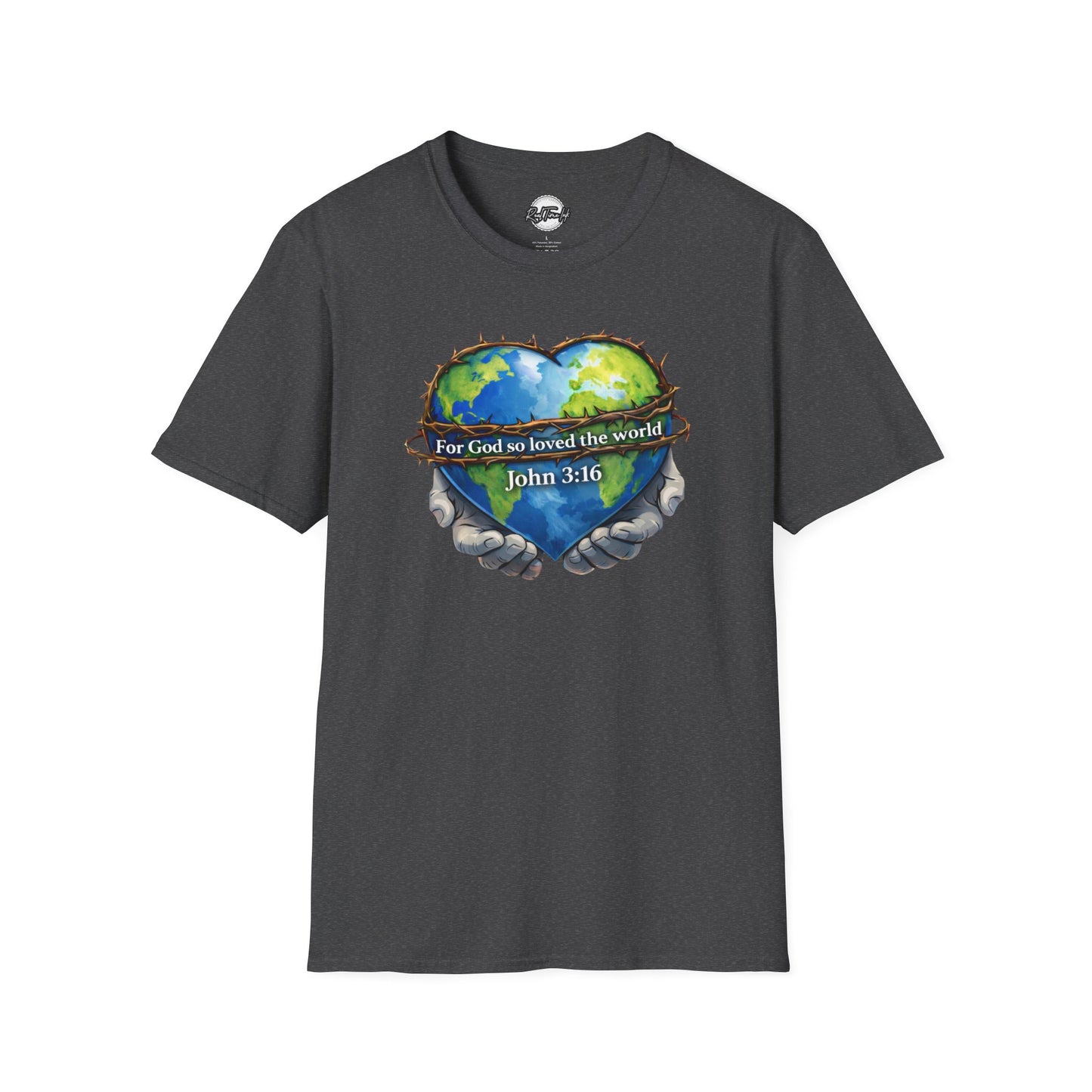 John 3:16 Heart Globe Christian T-Shirt — "For God so loved the world" Faith Tee