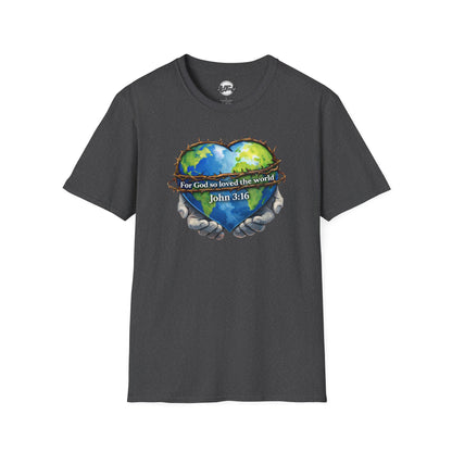 John 3:16 Heart Globe Christian T-Shirt — "For God so loved the world" Faith Tee