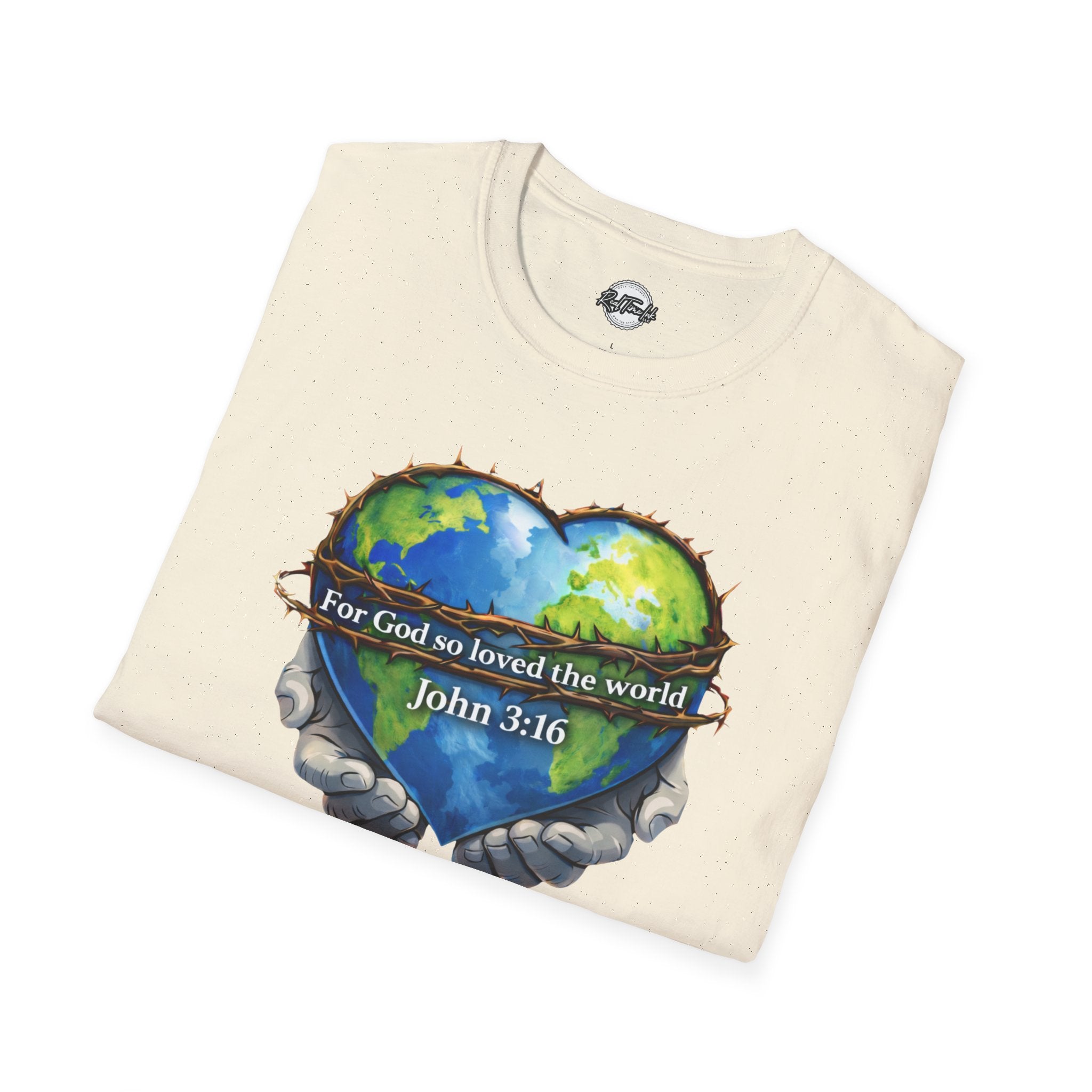 John 3:16 Heart Globe Christian T-Shirt — "For God so loved the world" Faith Tee