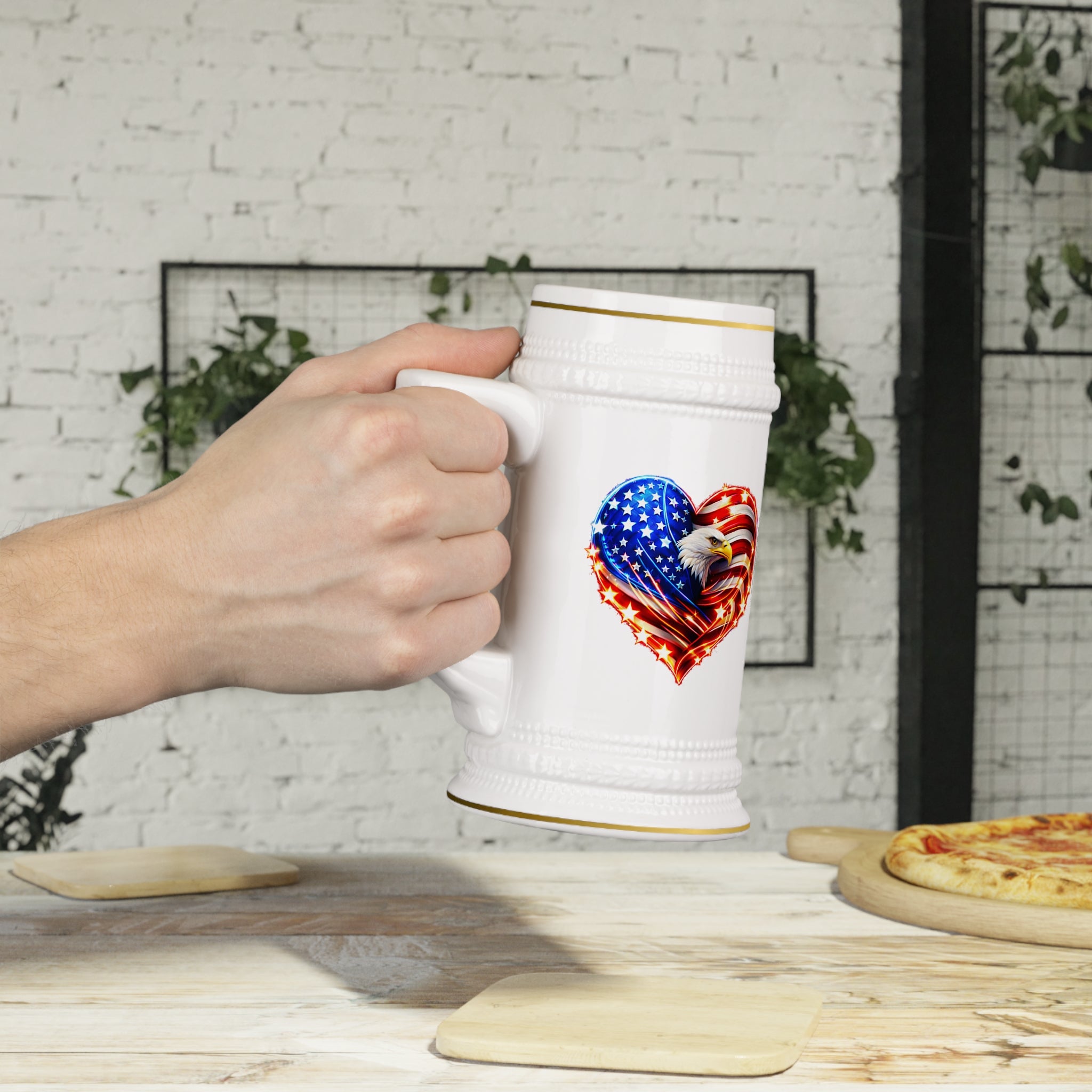 USA 250 Beer Stein Mug – 1776–2026 Patriotic Eagle Heart Ceramic Stein