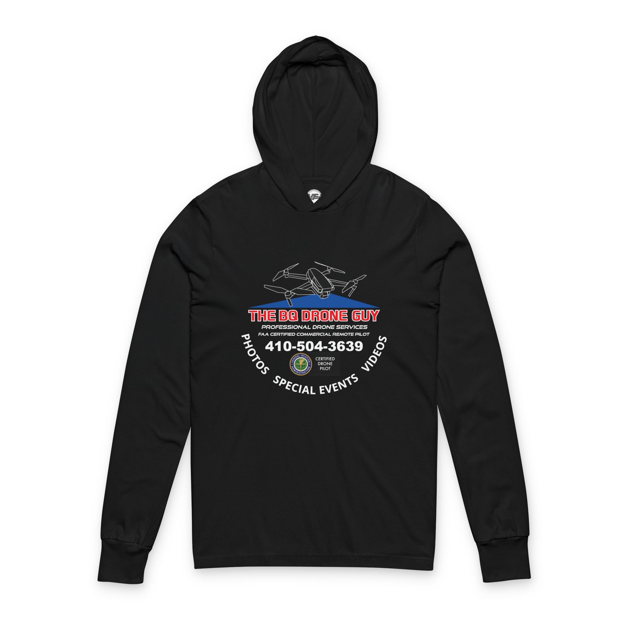 The BQ Drone Guy Hooded Long Sleeve Tee — Drone Shirt with Phone & Services