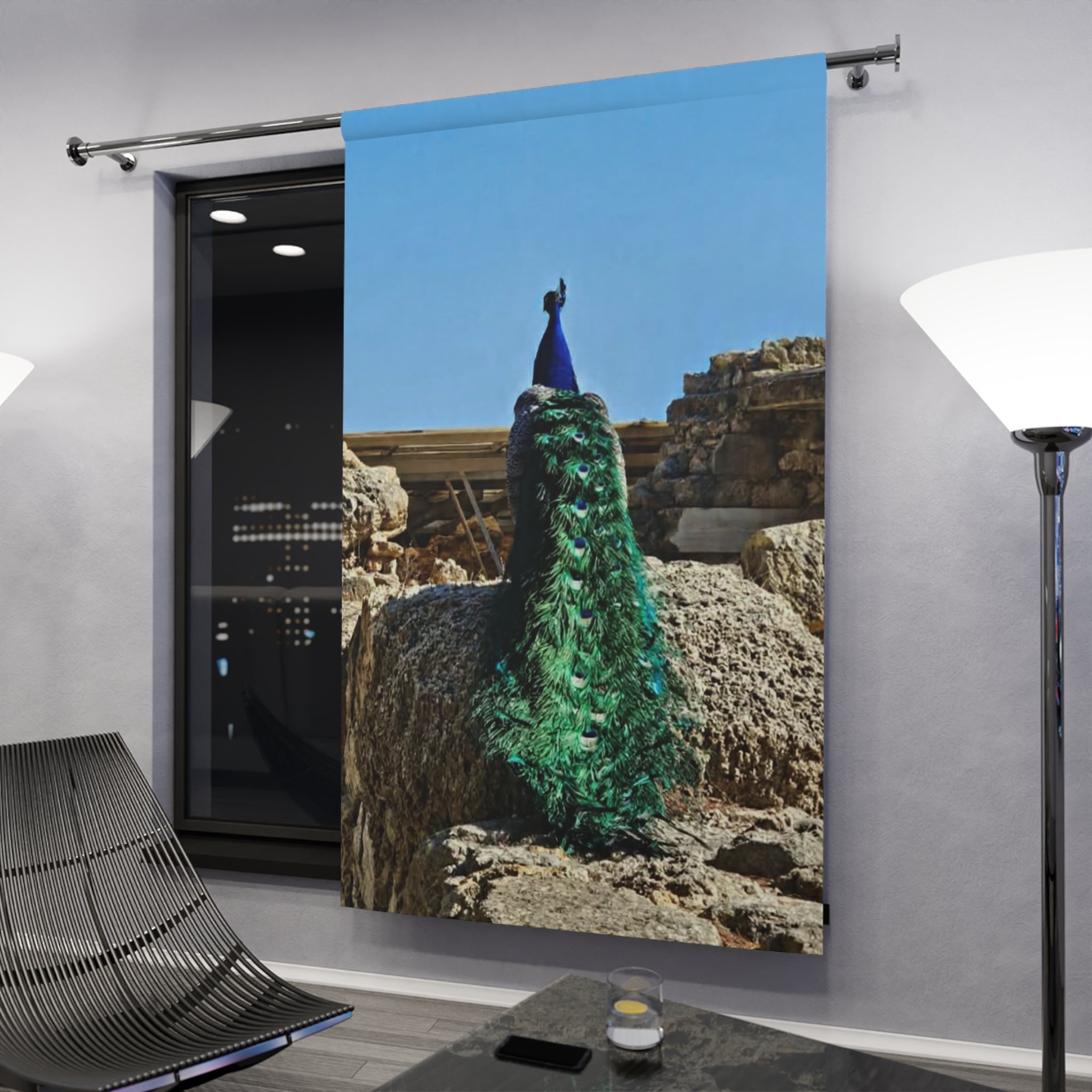 Peacock Print Window Curtain - Vibrant Blue & Green Nature Panel