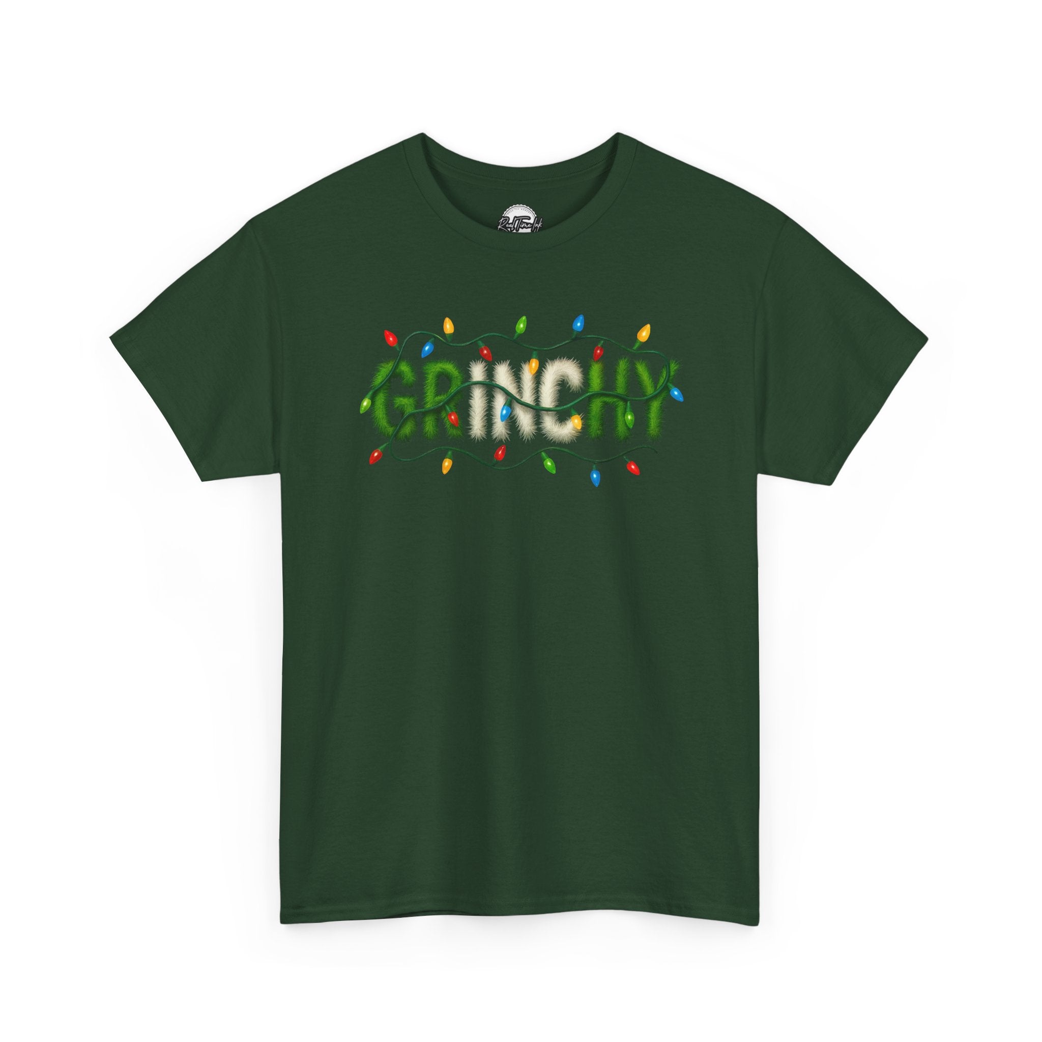 Grinchy Christmas Tee — 'Grinchy' Text with Holiday Lights